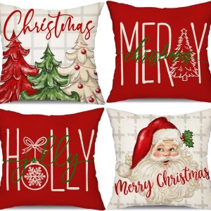 DFXSZ Juego de 4 fundas de almohada de Navidad de 18 x 18 pulgadas, diseño de árbol de Navidad, Papá Noel, decoración de casa de campo para el DFXSZ Juego de 4 fundas de almohada de Navidad de 18 x 18 pulgadas, diseño de árbol de Navidad, Papá Noel, decoración de casa de campo para el