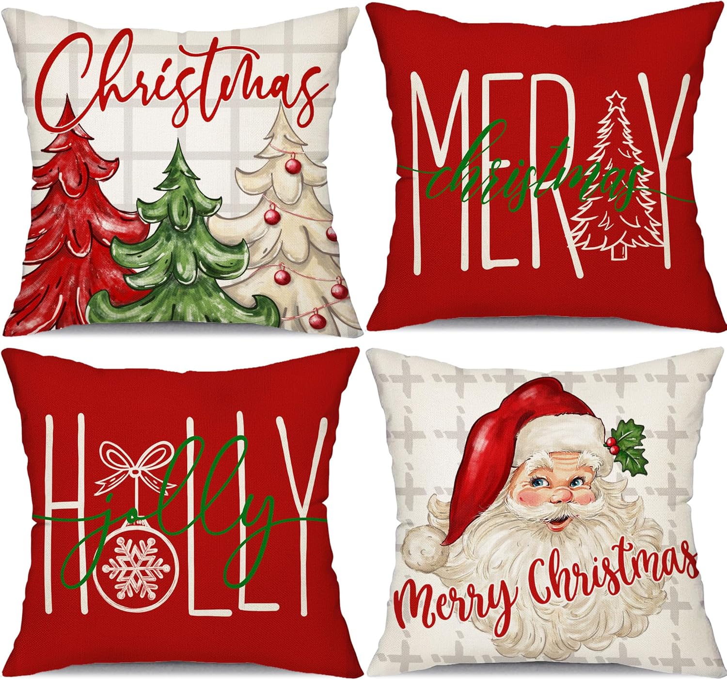 DFXSZ Juego de 4 fundas de almohada de Navidad de 18 x 18 pulgadas, diseño de árbol de Navidad, Papá Noel, decoración de casa de campo para el