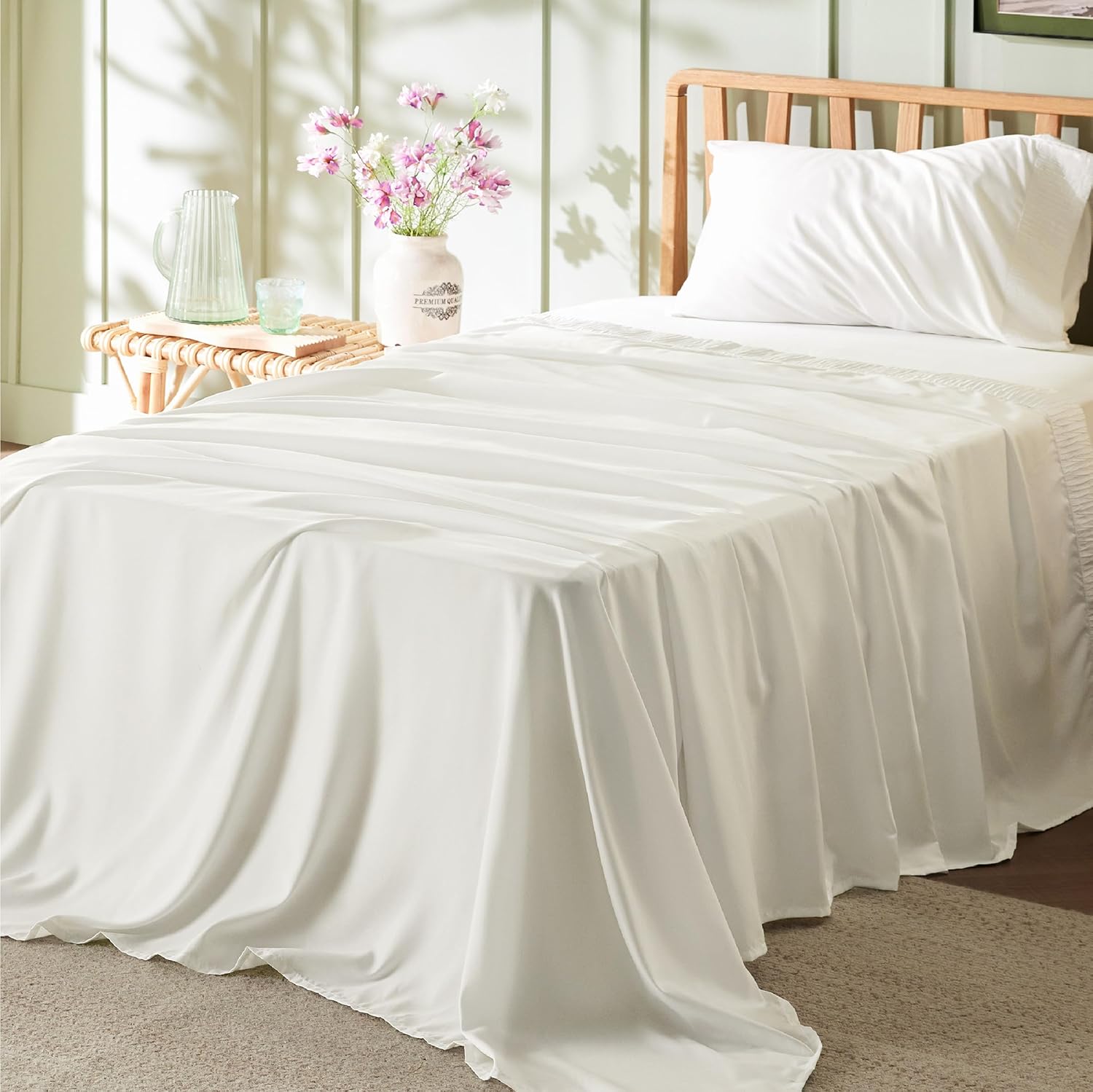 Bedsure Sábanas para dormitorio individual XL, sábanas suaves extra largas para cama individual, 3 piezas, sábanas de lujo marfil de hotel, tamaño