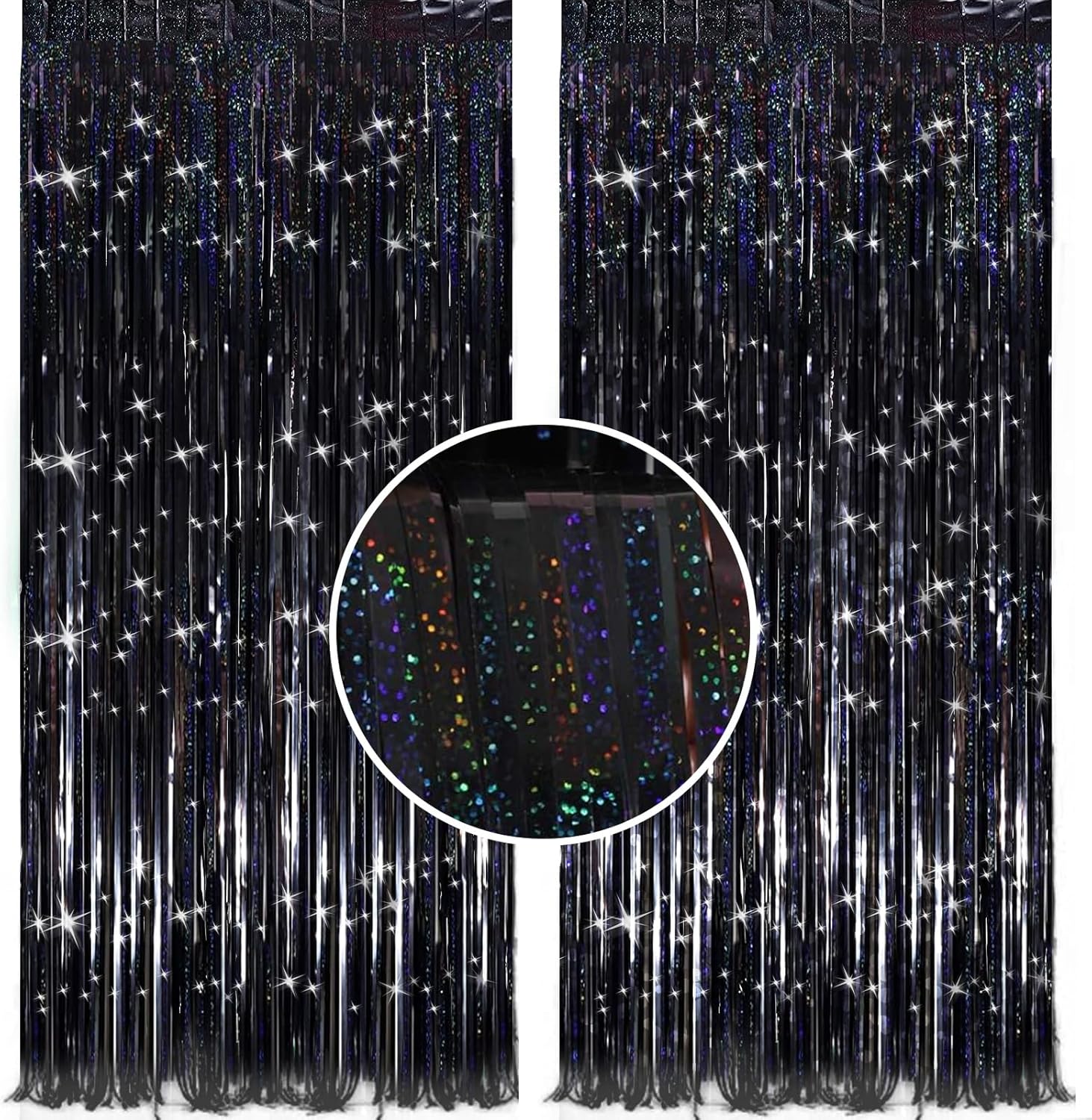 Paquete de 2 cortinas de oropel de color negro brillante de 3.2 x 9.8 pies, decoración de telón de fondo de fiesta con flecos metálicos para