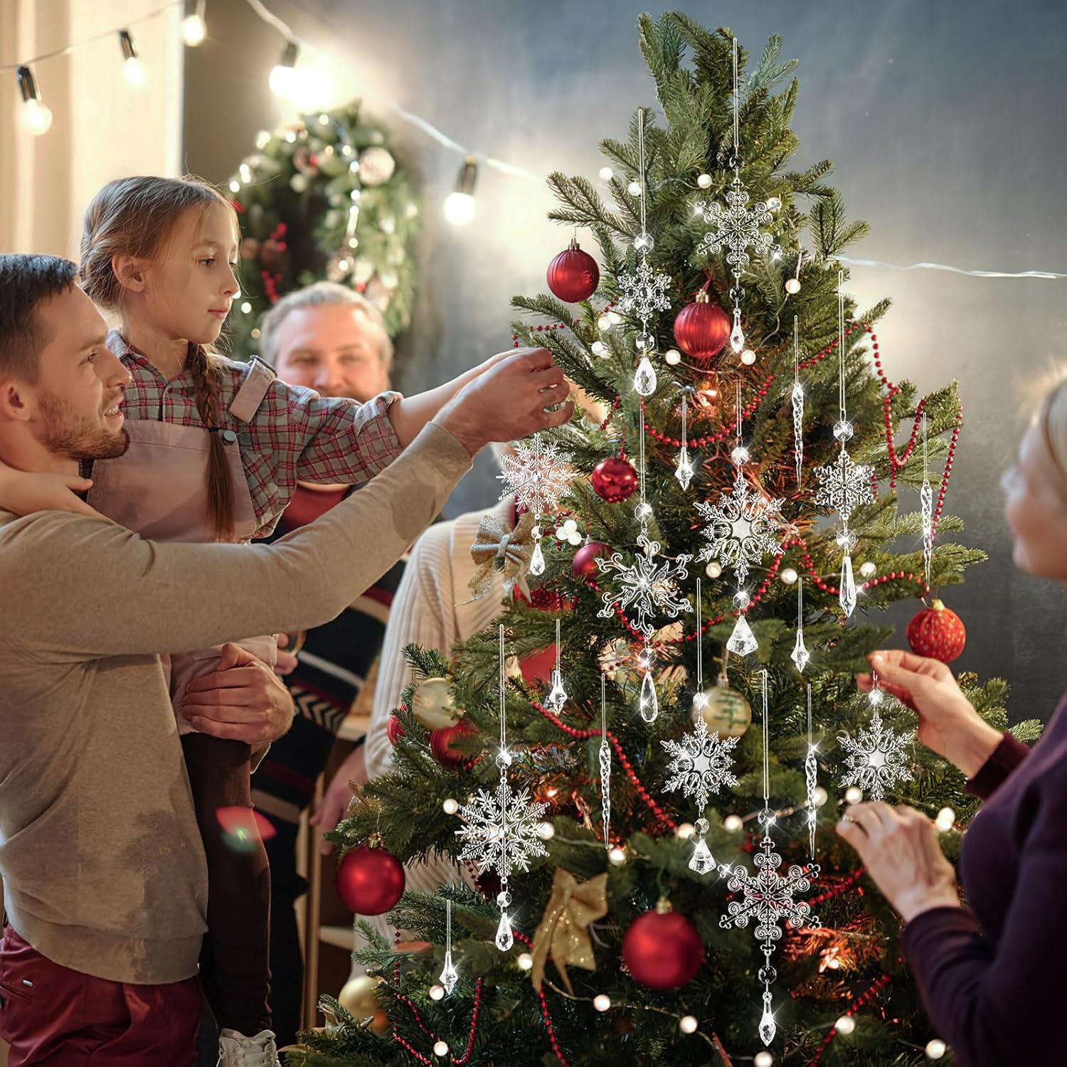 Adornos para árbol de Navidad, 16 piezas de adornos de copo de nieve de cristal, decoraciones colgantes de acrílico carámbanos de copo de nieve,
