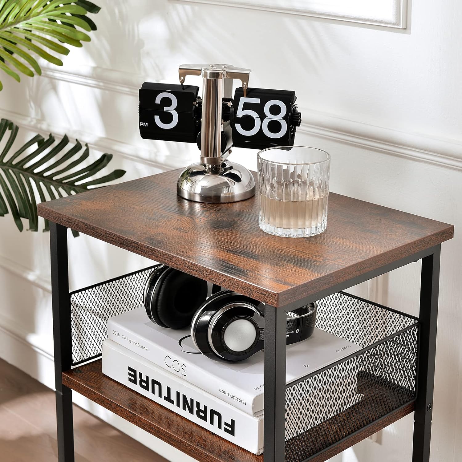 Mesa auxiliar de 3 niveles, mesa auxiliar industrial retro pequeña, soporte de estante pequeño con espacio de almacenamiento, mesa de estante de