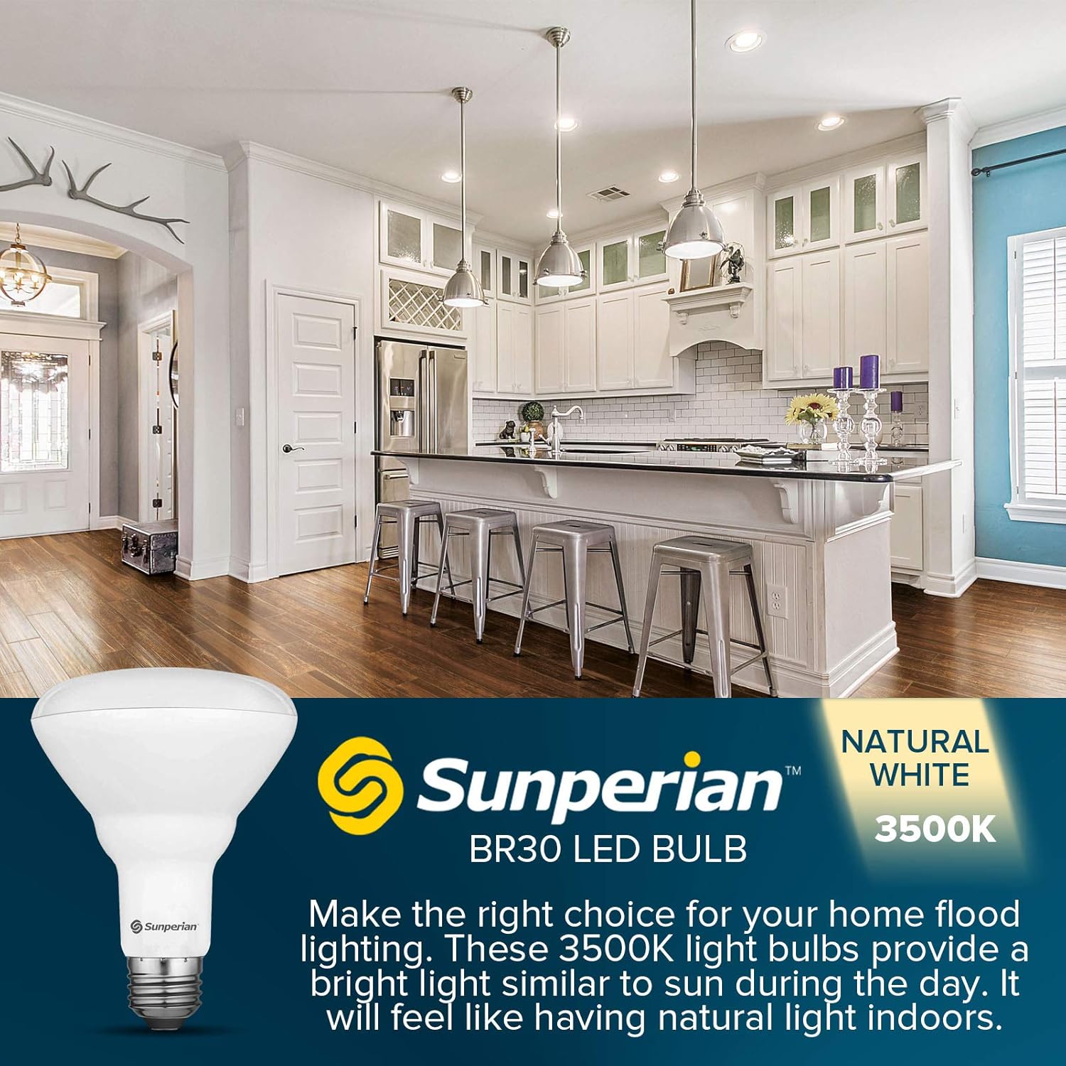 SUNPERIAN Bombilla LED BR30, 8.5 W  65 W, 3500 K blanco natural, 800 lúmenes, bombillas de inundación regulables para latas empotradas,