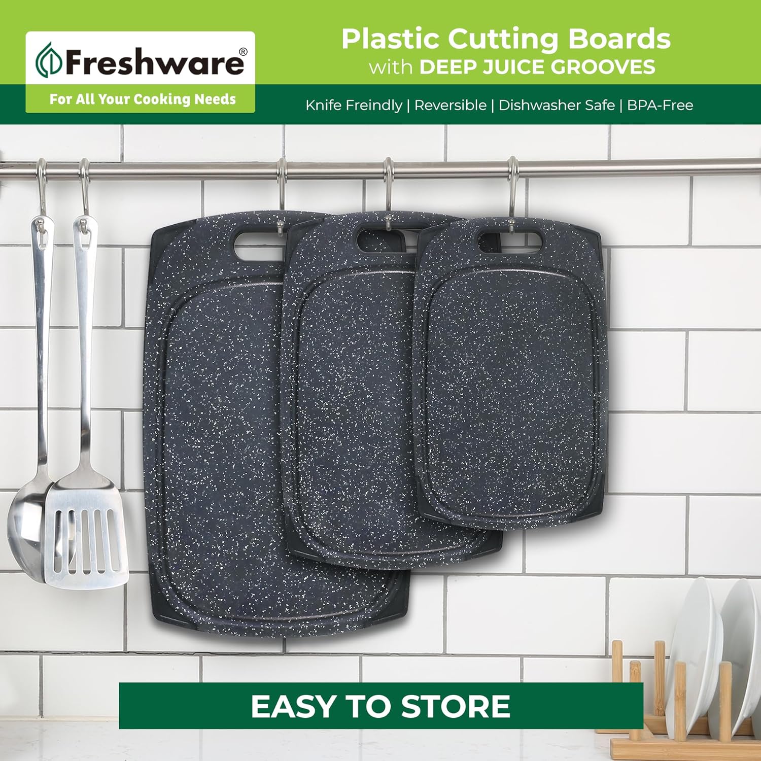 Juego de 3 tablas de cortar de plástico para cocina, ranuras para jugos con mango de fácil agarre, sin BPA, no porosas, aptas para lavavajillas,