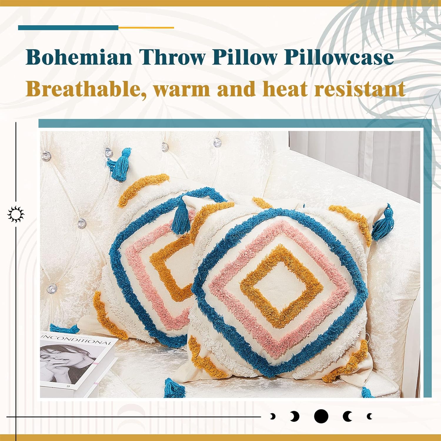 Moukeren 2 fundas de almohada bohemias de 18 x 18 pulgadas, fundas de almohada decorativas con borlas de diamantes para cama, sofá, sala de estar,