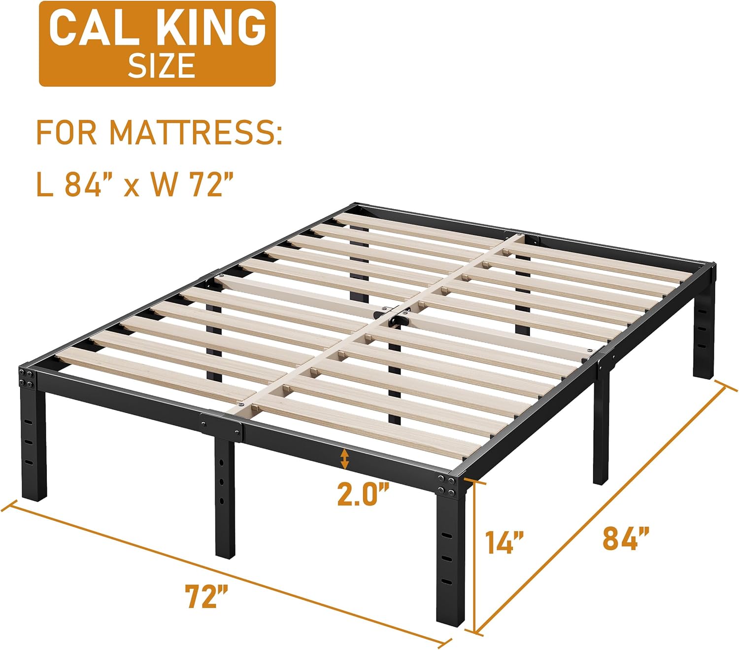 Base de cama de metal tamaño California King, soporte de listones de madera, 14 pulgadas de alto, no necesita somier, soporte resistente de 3500