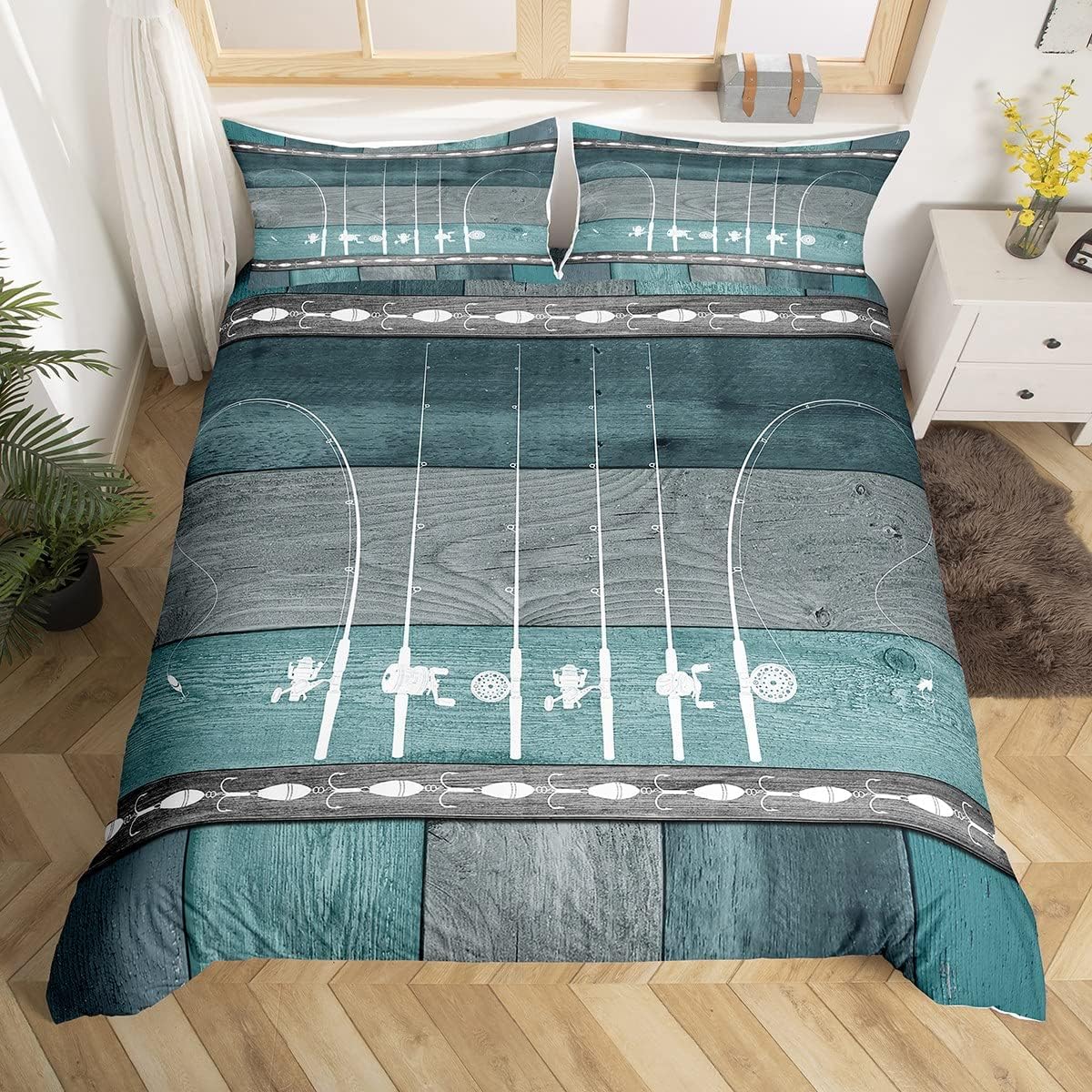 Funda de edredón de pesca tamaño Queen, funda de edredón de caña de pescar, regalos de pesca para hombres, juego de ropa de cama de madera de