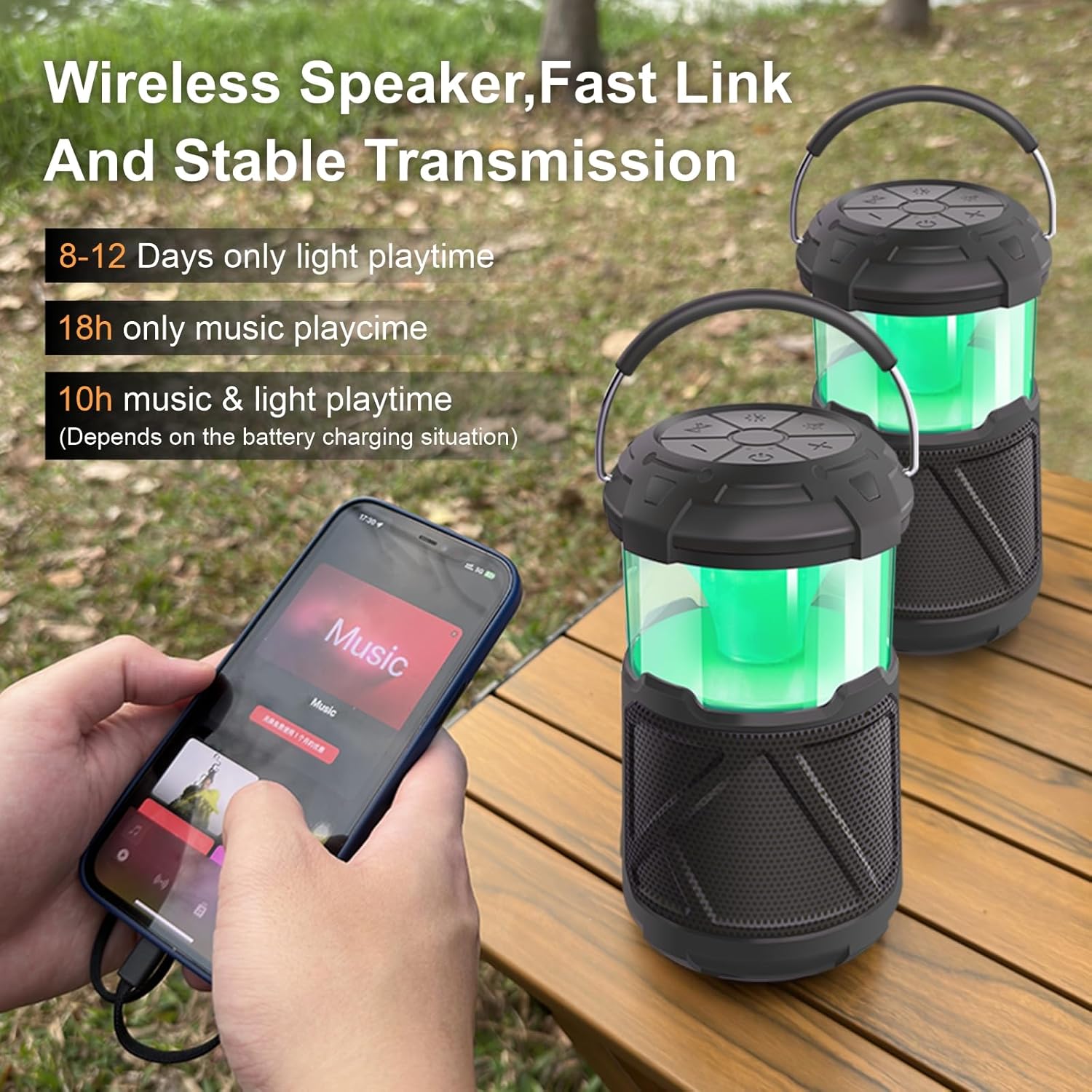 Altavoces Bluetooth portátiles LED atmósfera linterna de campamento al aire libre, IPX6 impermeable altavoz inalámbrico con luces LED para patio,