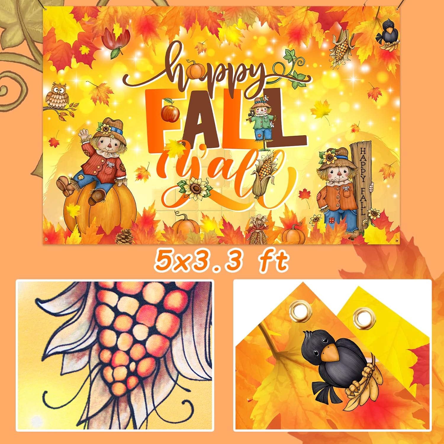 Cartón de fondo con texto en inglés Happy Fall Y’all, decoración de fiesta de Acción de Gracias, hojas de arce, calabaza, fondo de fotos para
