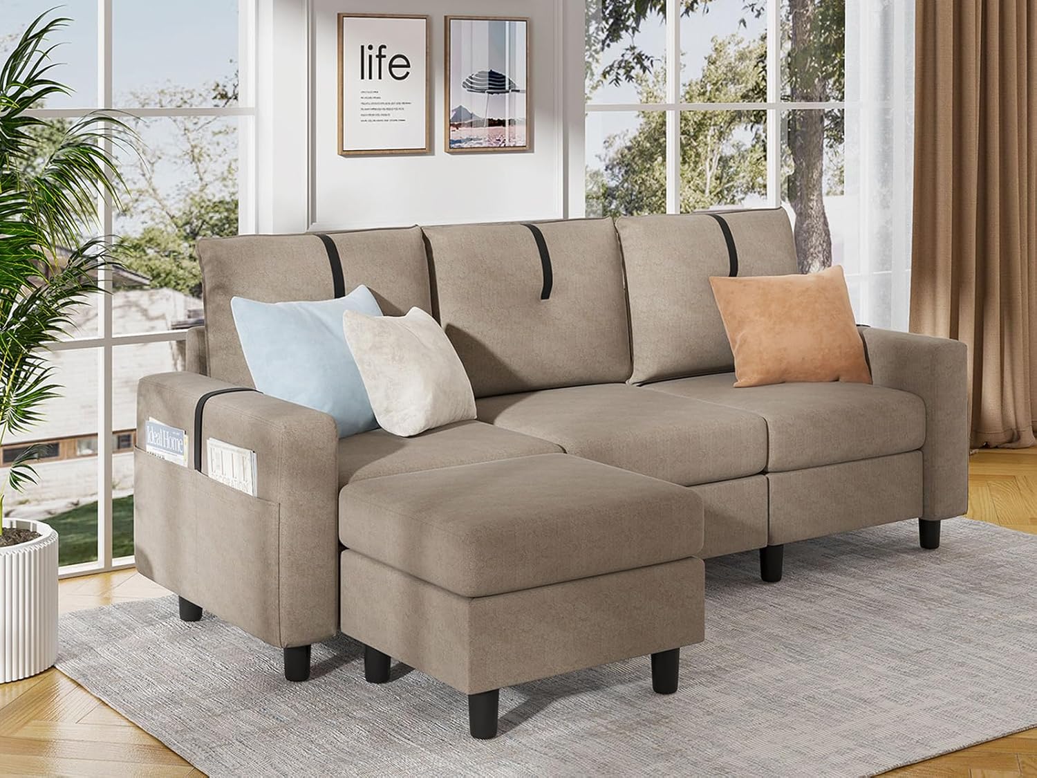 Sofás seccionales en forma de L de 80 pulgadas, sofá de 3 plazas con otomana reversible y bolsillo de almacenamiento lateral, sofá modular pequeño