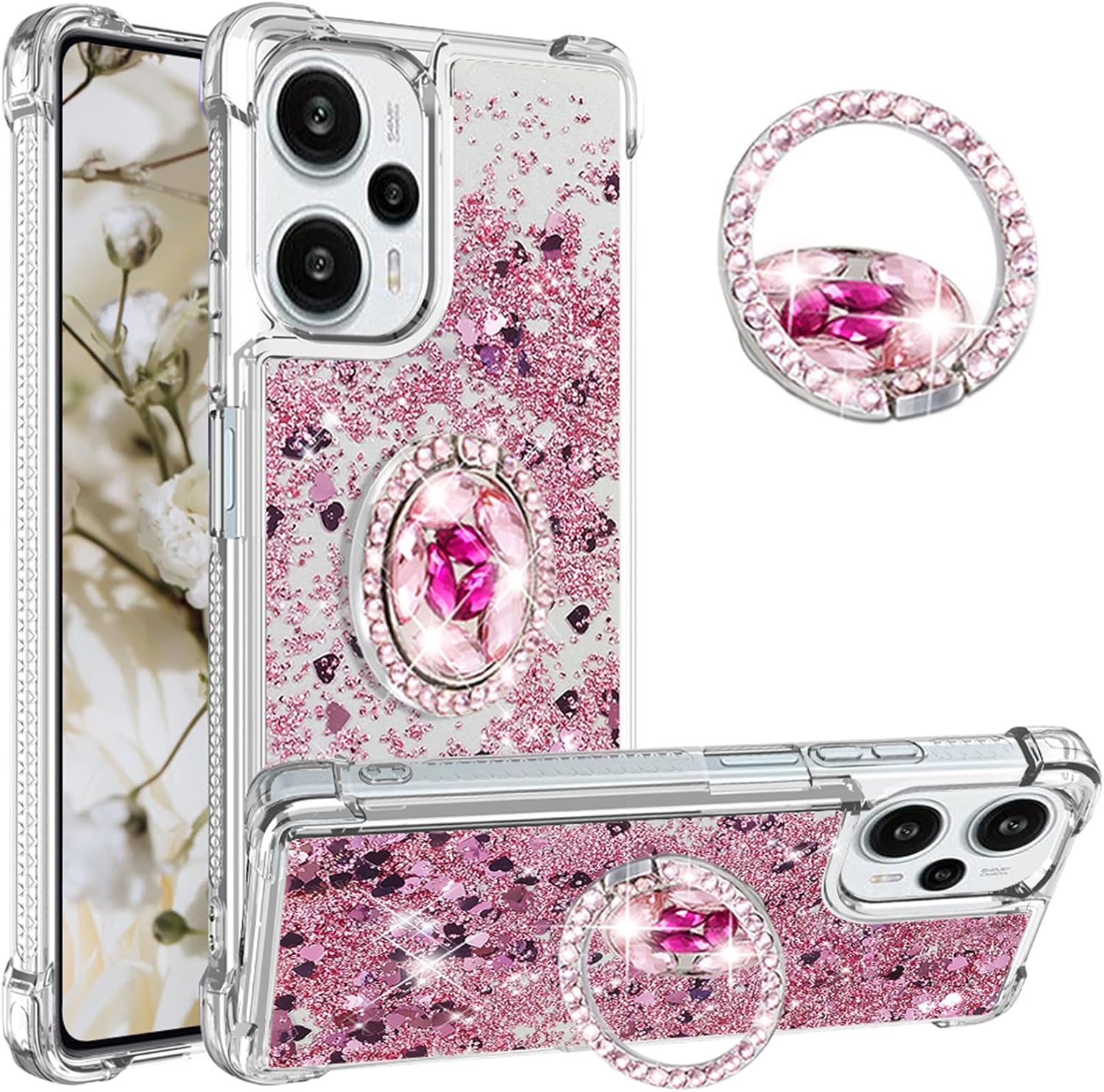 Funda con purpurina para Xiaomi Poco F5 para mujeres y niñas, cubierta líquida de TPU suave TPU con anillo de diamantes brillantes para Xiaomi Poco