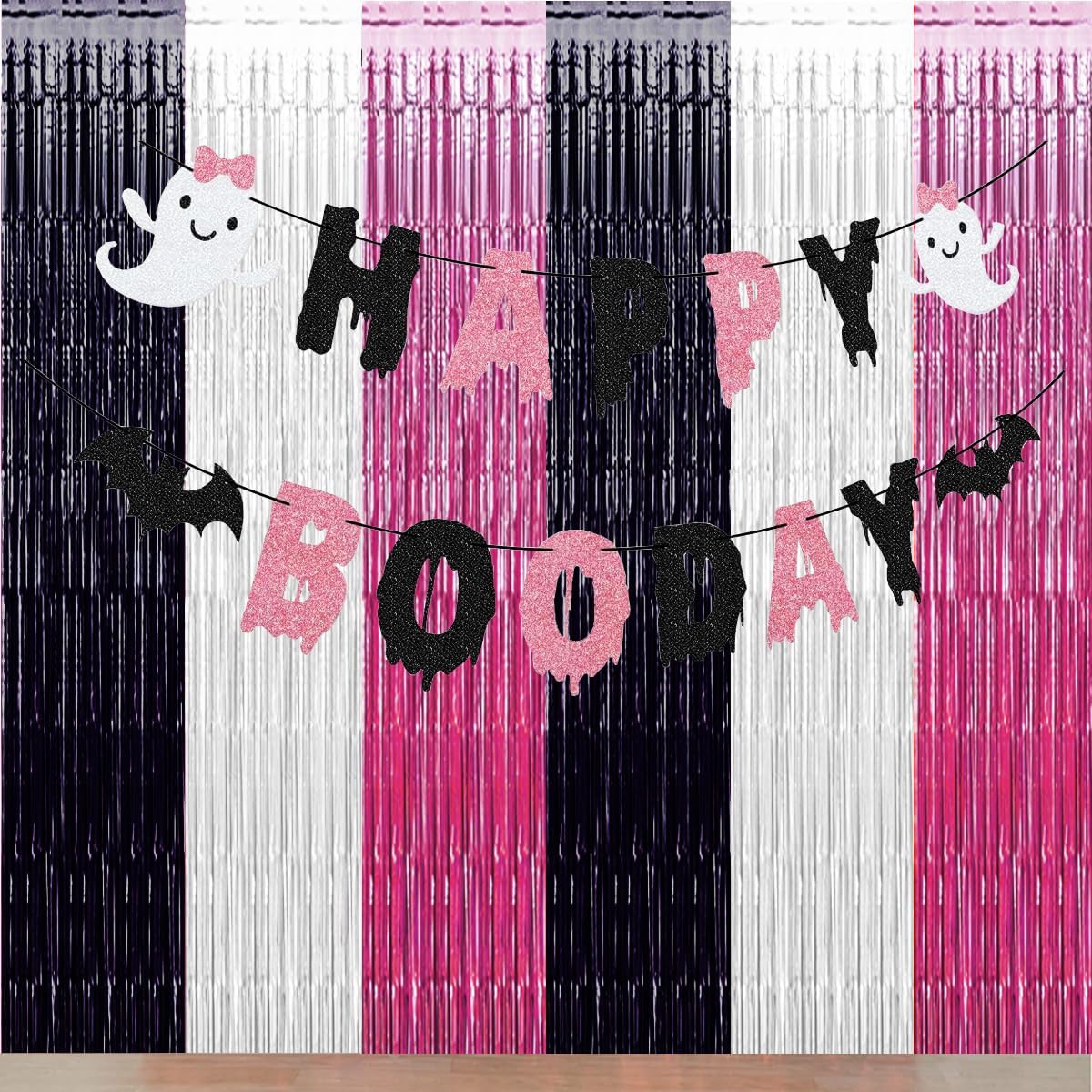 Decoraciones de fiesta de cumpleaños con estampado de vaca, telón de fondo rosa, negro y blanco, cortinas de oropel de papel de aluminio para fiesta
