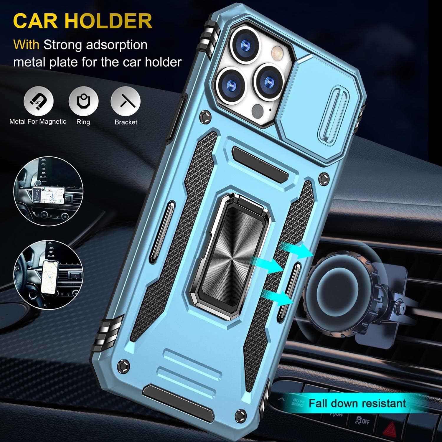 Funda de teléfono para iPhone 13 Pro, funda para iPhone 13 Pro con cubierta para lente de cámara, con soporte de anillo, soporte magnético para
