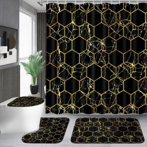 Likiyol Juego de 4 cortinas de ducha negras y doradas con alfombras antideslizantes, cubierta para tapa de inodoro y tapete de baño, modernos juegos Likiyol Juego de 4 cortinas de ducha negras y doradas con alfombras antideslizantes, cubierta para tapa de inodoro y tapete de baño, modernos juegos
