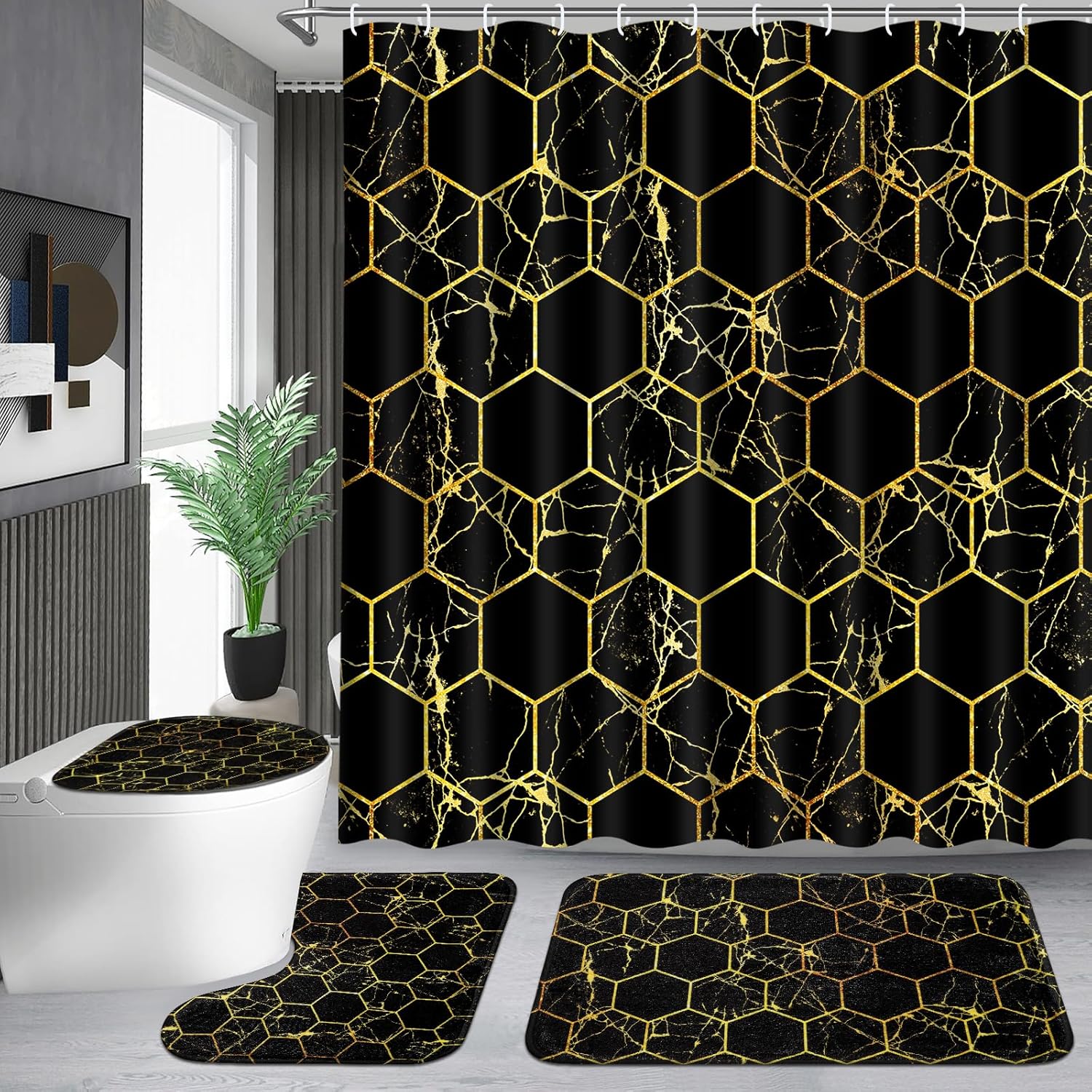 Likiyol Juego de 4 cortinas de ducha negras y doradas con alfombras antideslizantes, cubierta para tapa de inodoro y tapete de baño, modernos juegos