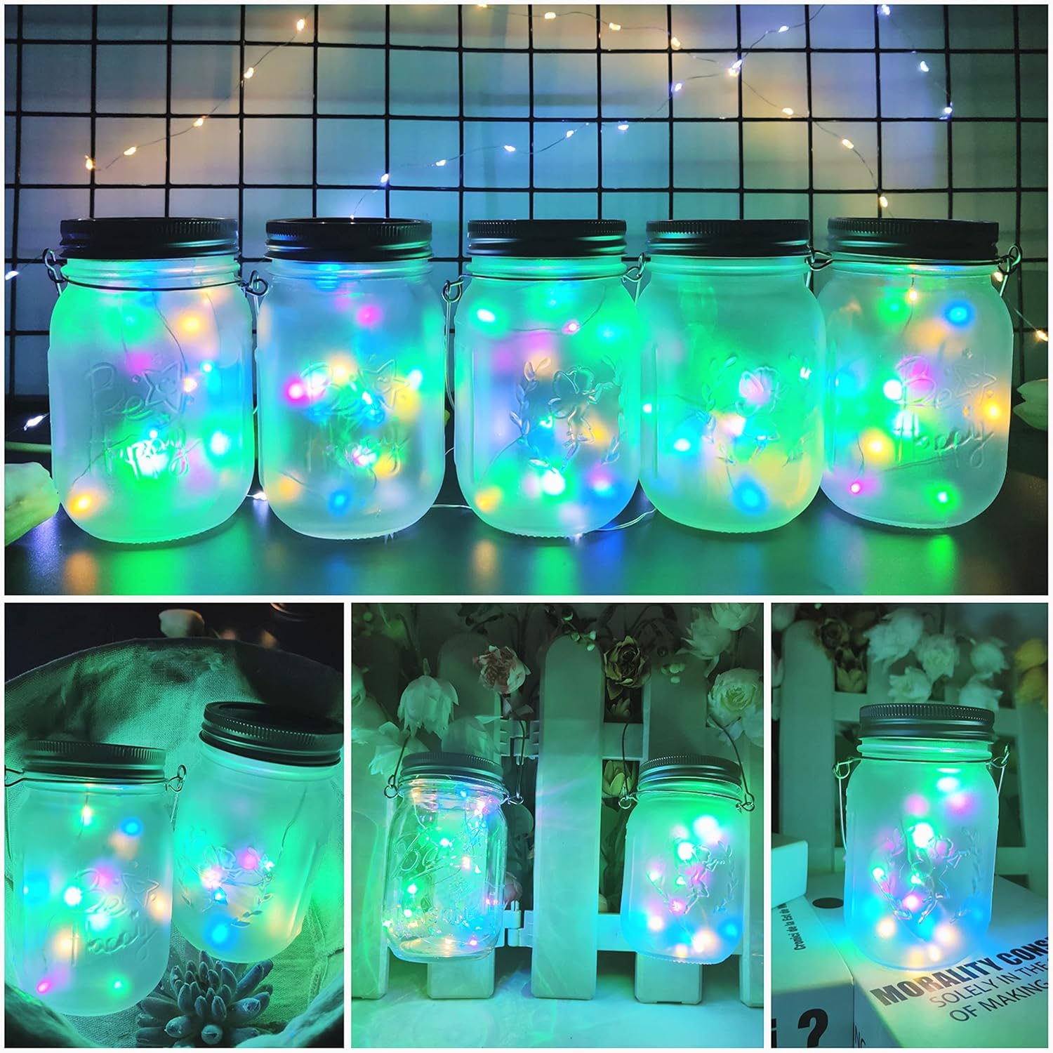 Paquete de 10 luces solares para tarros de masón, 20 luces LED con forma de hada y estrella, con 10 colgadores, resistente al agua y al óxido, para