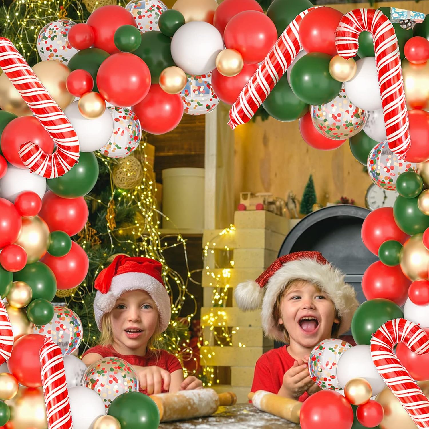 RHGBINLI Kit de arco de guirnalda de globos de Navidad, 105 globos rojos, verdes, dorados y blancos con globos de bastón de caramelo para