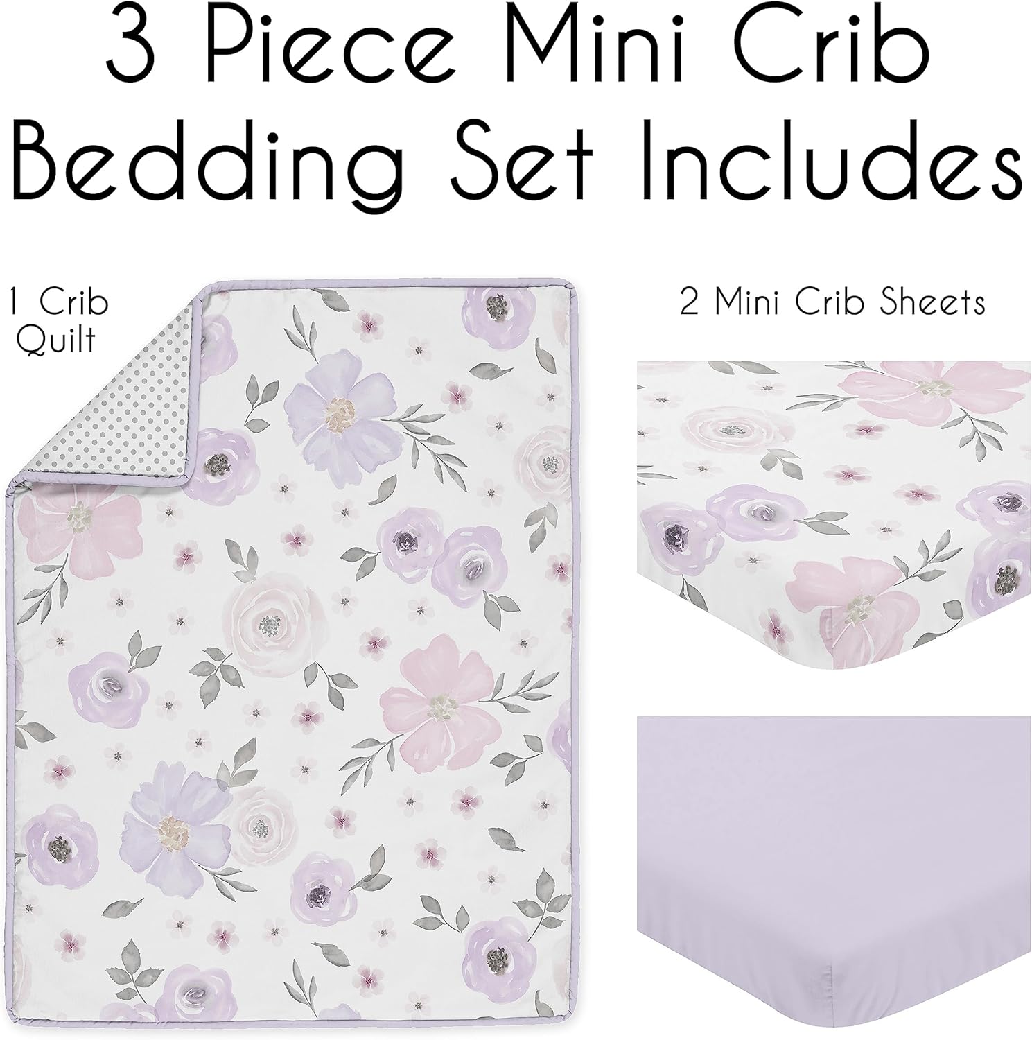 Sweet Jojo Designs Juego de ropa de cama de cuna de bebé de color morado lavanda bohemio floral para bebé, cuarto de bebé, manta para recién