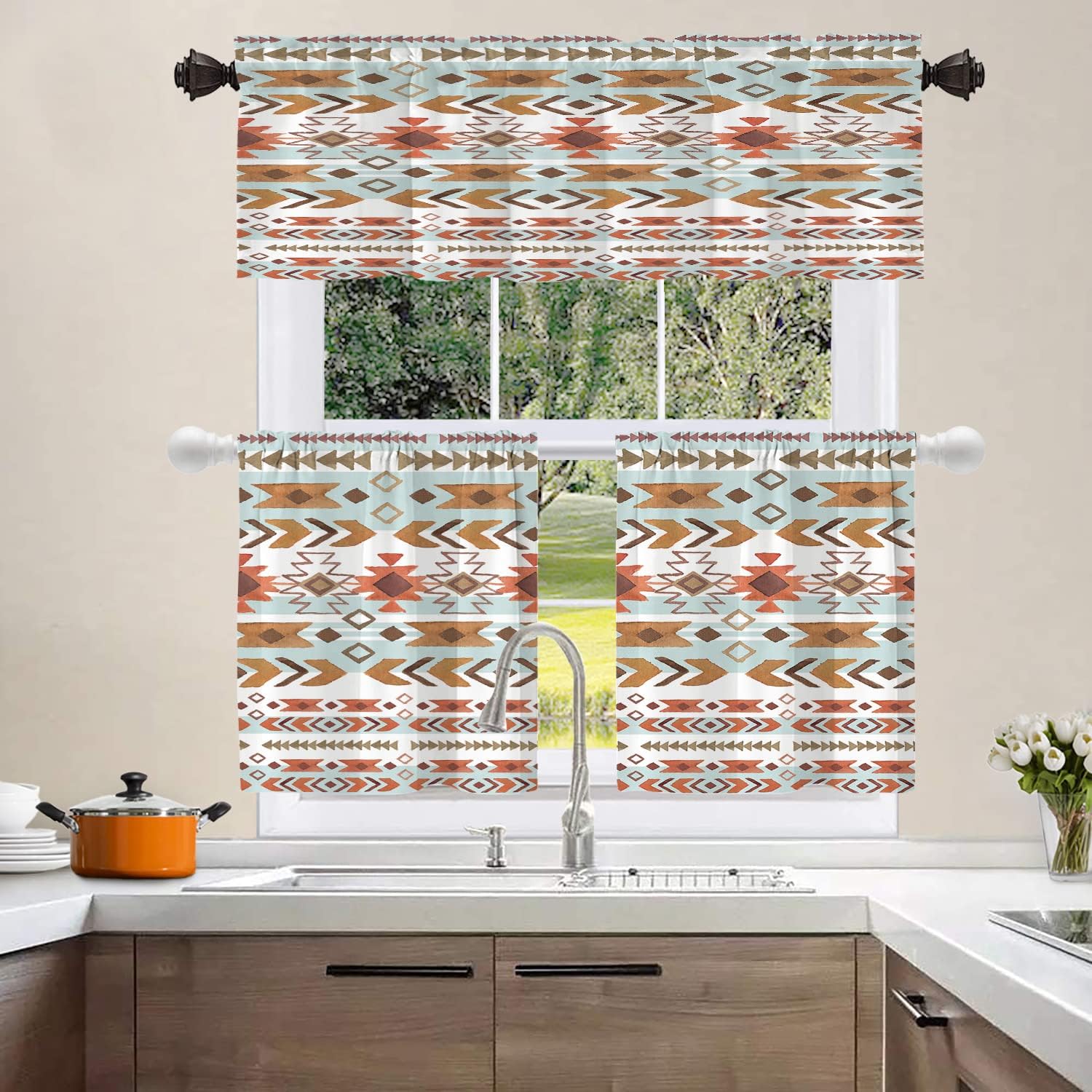 Shrahala Cenefas de cocina con decoración navajo bohemia, color azul y naranja, étnico bohotrial, cortina de media ventana, tratamiento de ventana