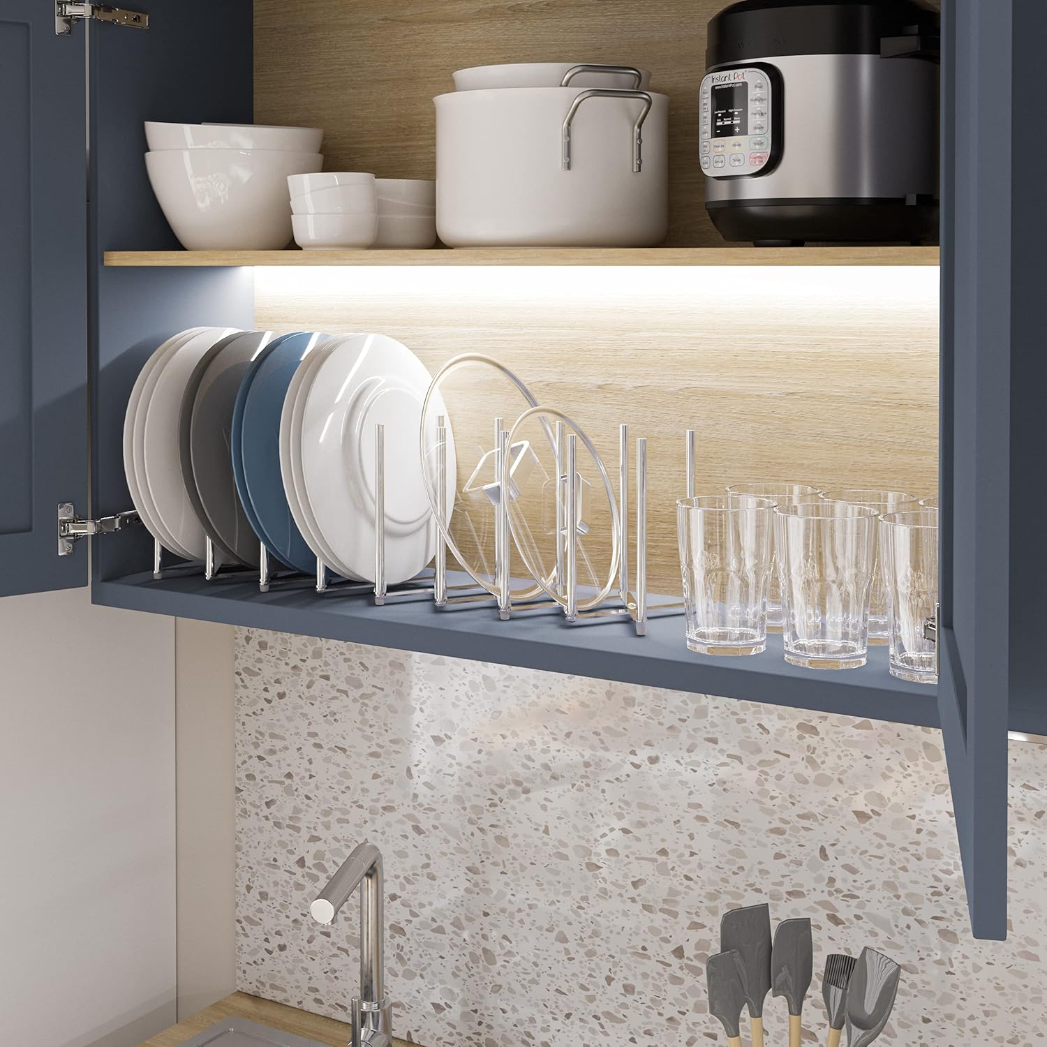 Soporte de placa para ollas y tapas para la cocina de acero inoxidable, 8 secciones, longitud de acordeón ajustable, se puede extender hasta a 30