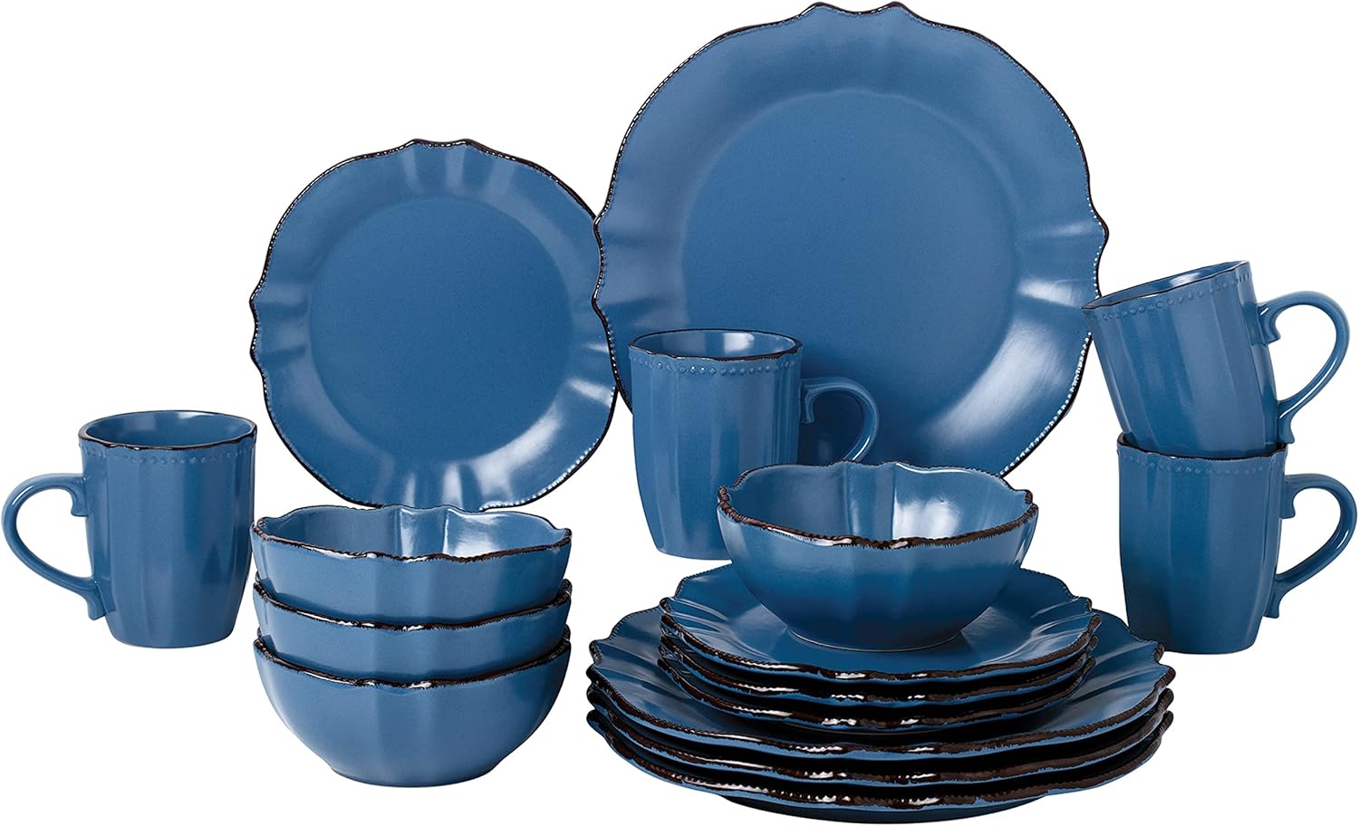 Lorren Home Trends Vajilla azul Yale de 16 piezas con borde festoneado