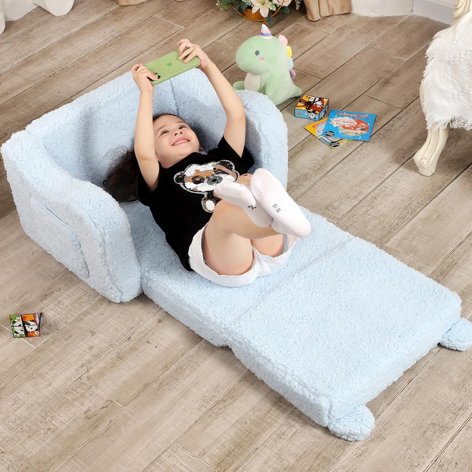 Sillas infantiles para niños pequeños, sofá de sherpa suave 2 en 1 plegable, sofá convertible a tumbona para niñas y niños, oso de peluche, color