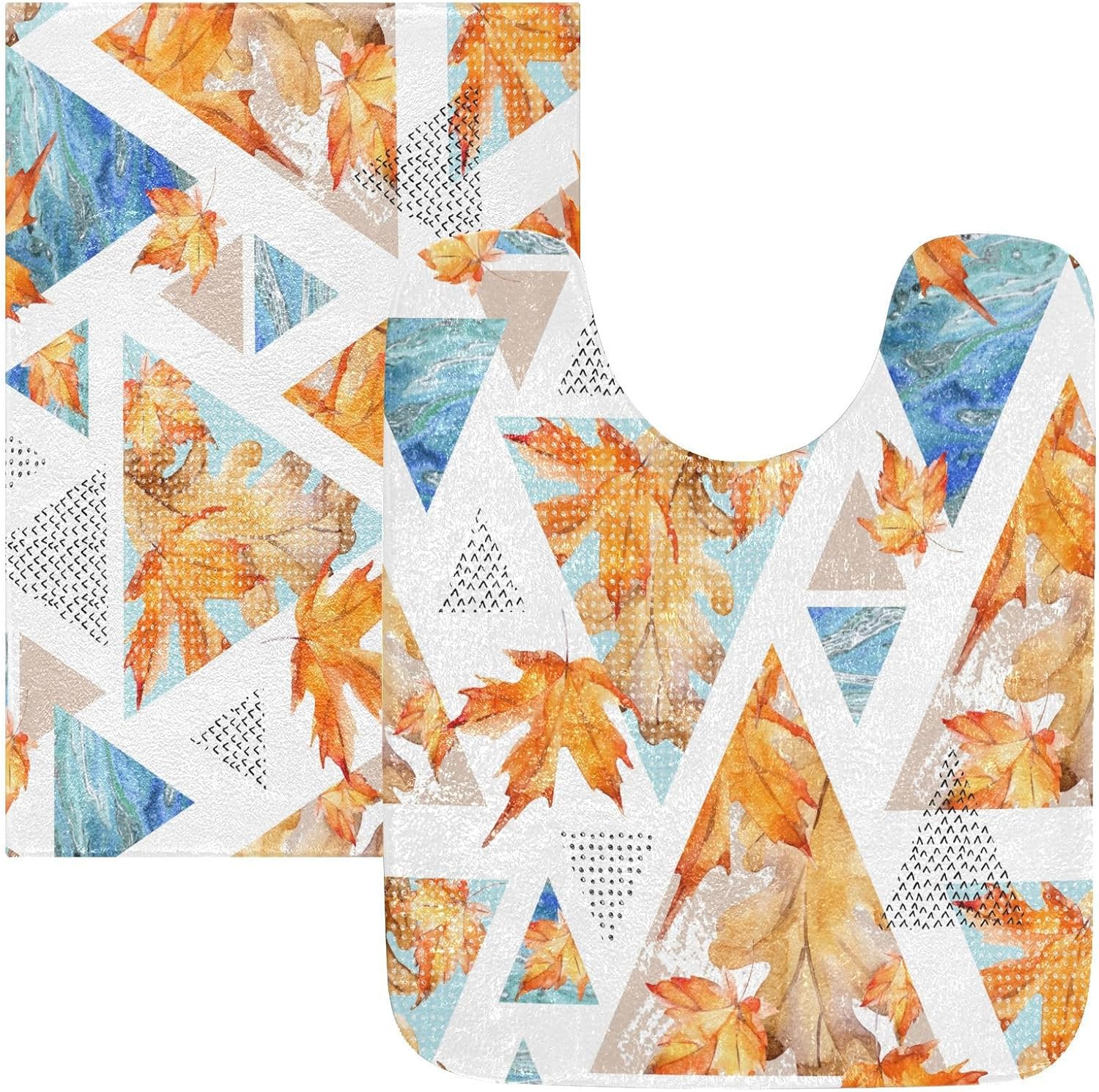 Bathroom Rugs Sets 2 Piece 24×16+24×20 Inch,Soft U-Shaped Contour Toilet Rug Abstract Autumn Geometric Non-Slip Absorbent Bath Floor Mat Carpet Set