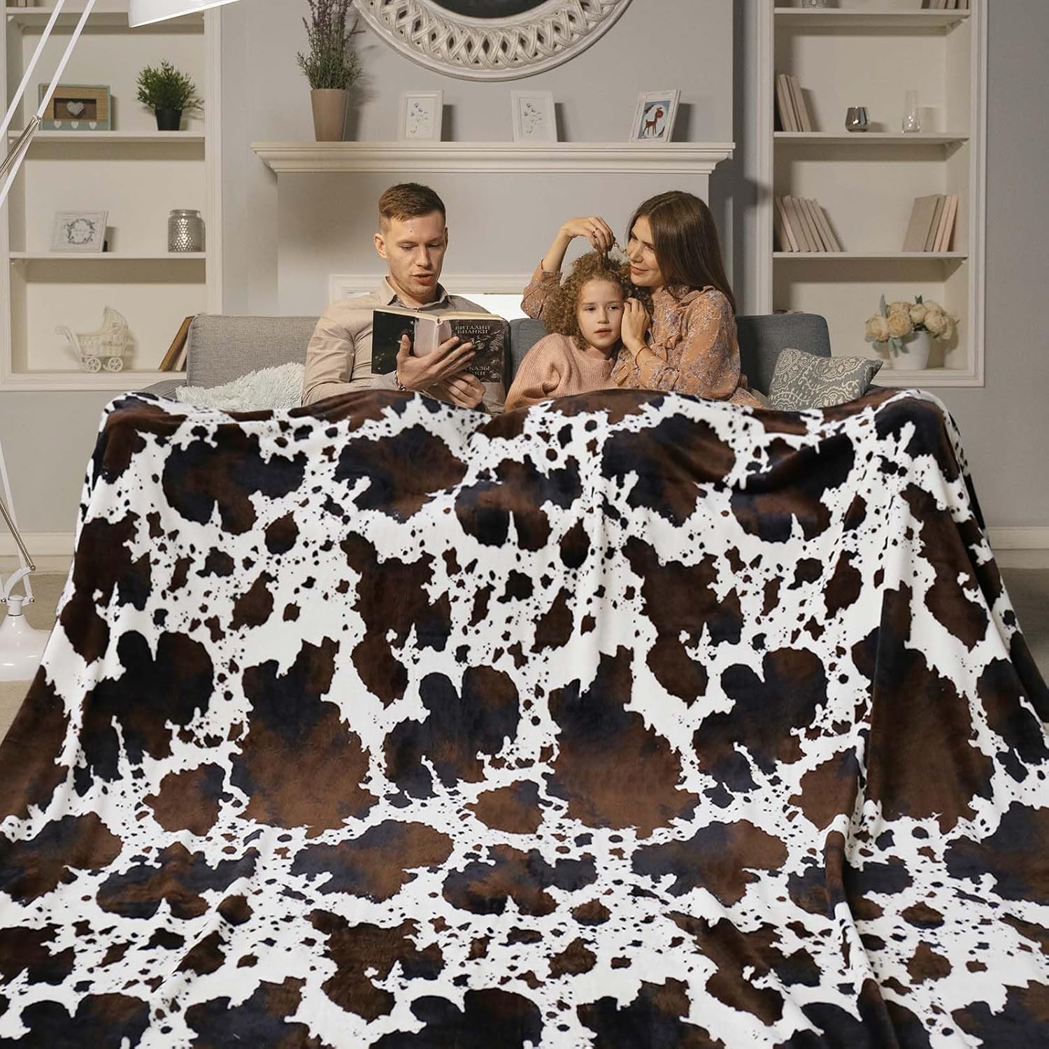 Manta con estampado de vaca marrón, tamaño grande de 90 x 90 pulgadas con bolsa de almacenamiento, manta de regazo de doble cara de 300 GSM, manta