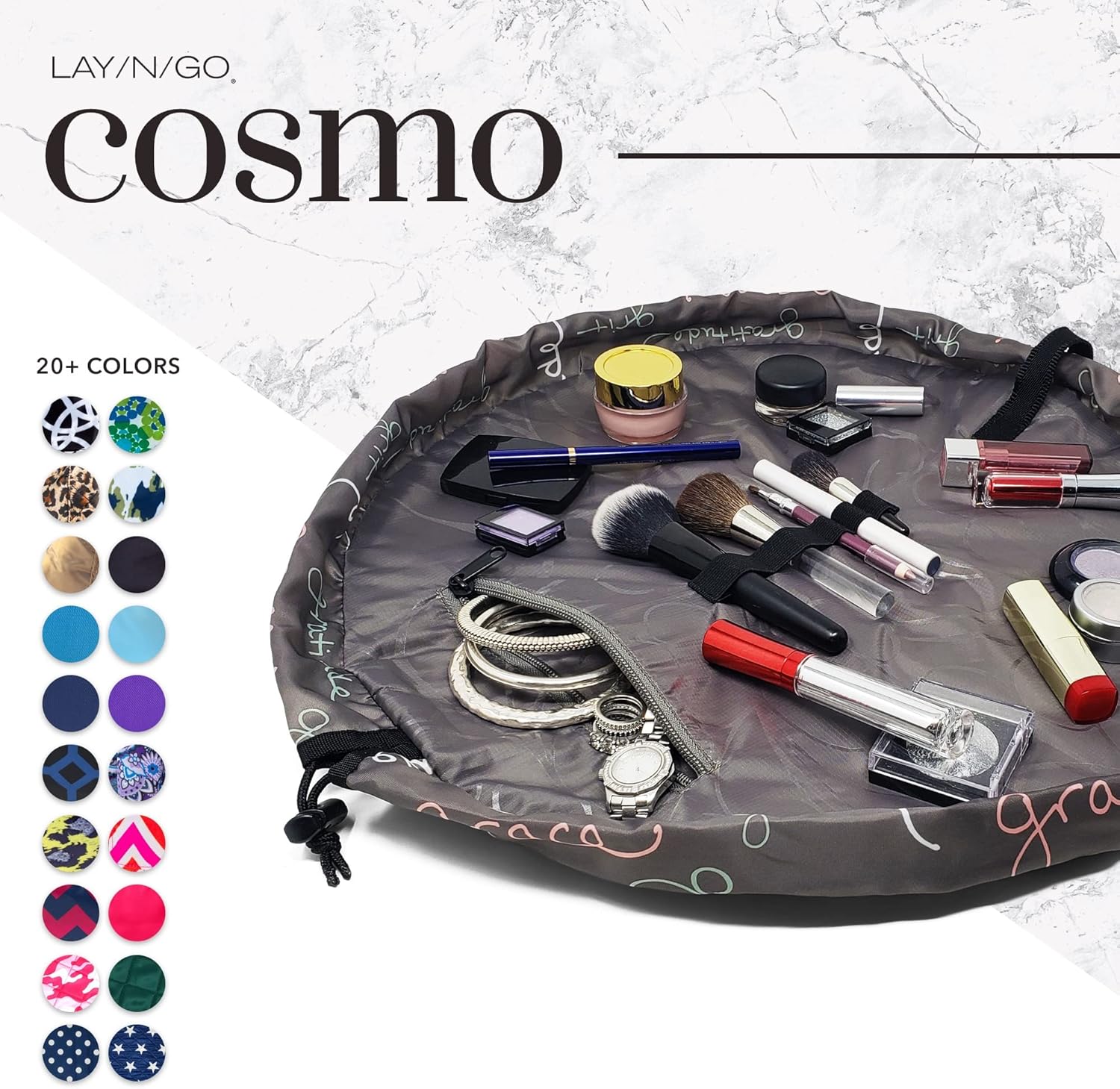 Lay-n-Go Cosmo – Organizador de cosméticos y maquillaje con cordón, bolsa de aseo para viajes, regalos y uso diario, Grit Grace Gratitud