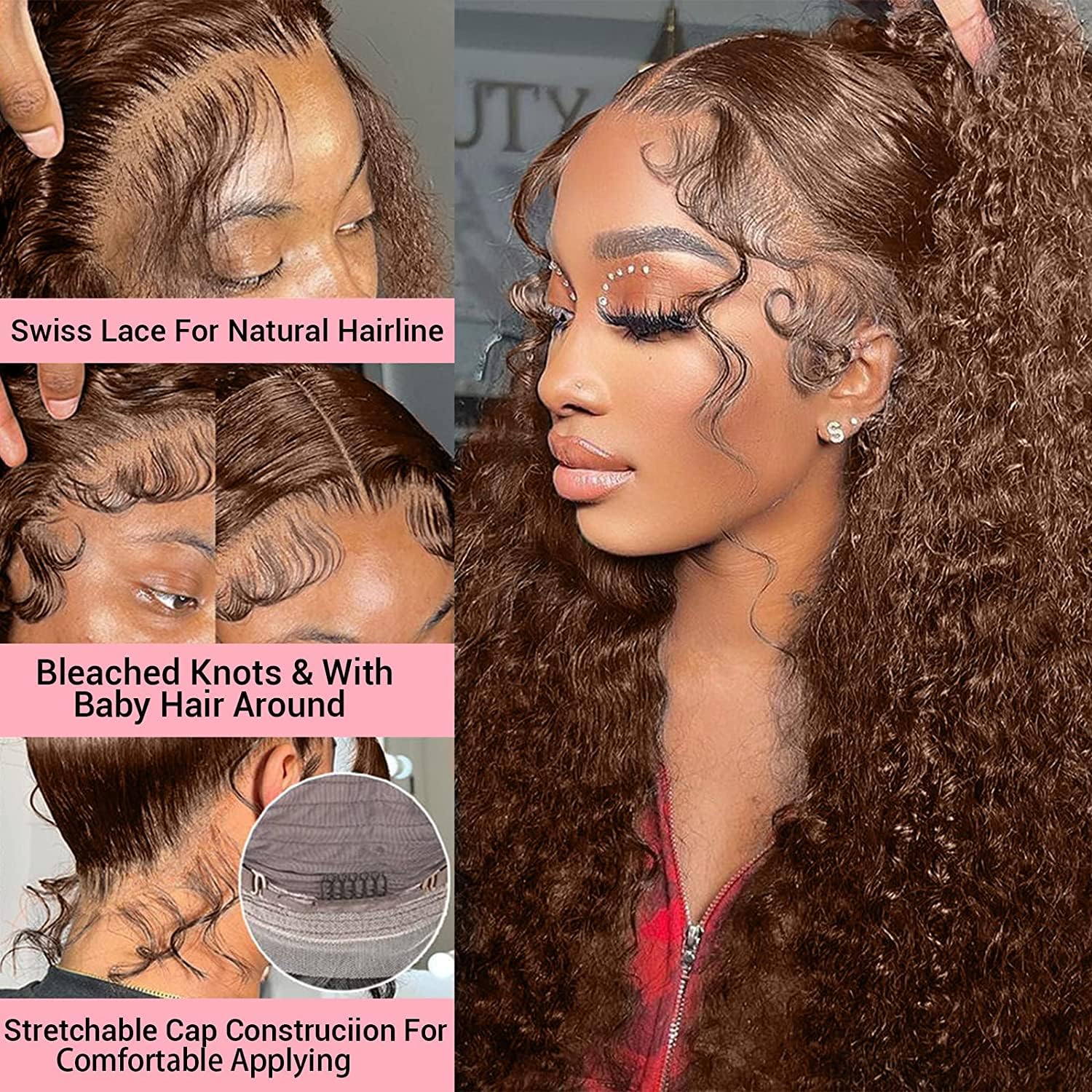 Pelucas de cabello humano rizado rizado con encaje frontal transparente HD de 13 x 6 pulgadas, densidad del 200 %, con abuelitos, color marrón 4#