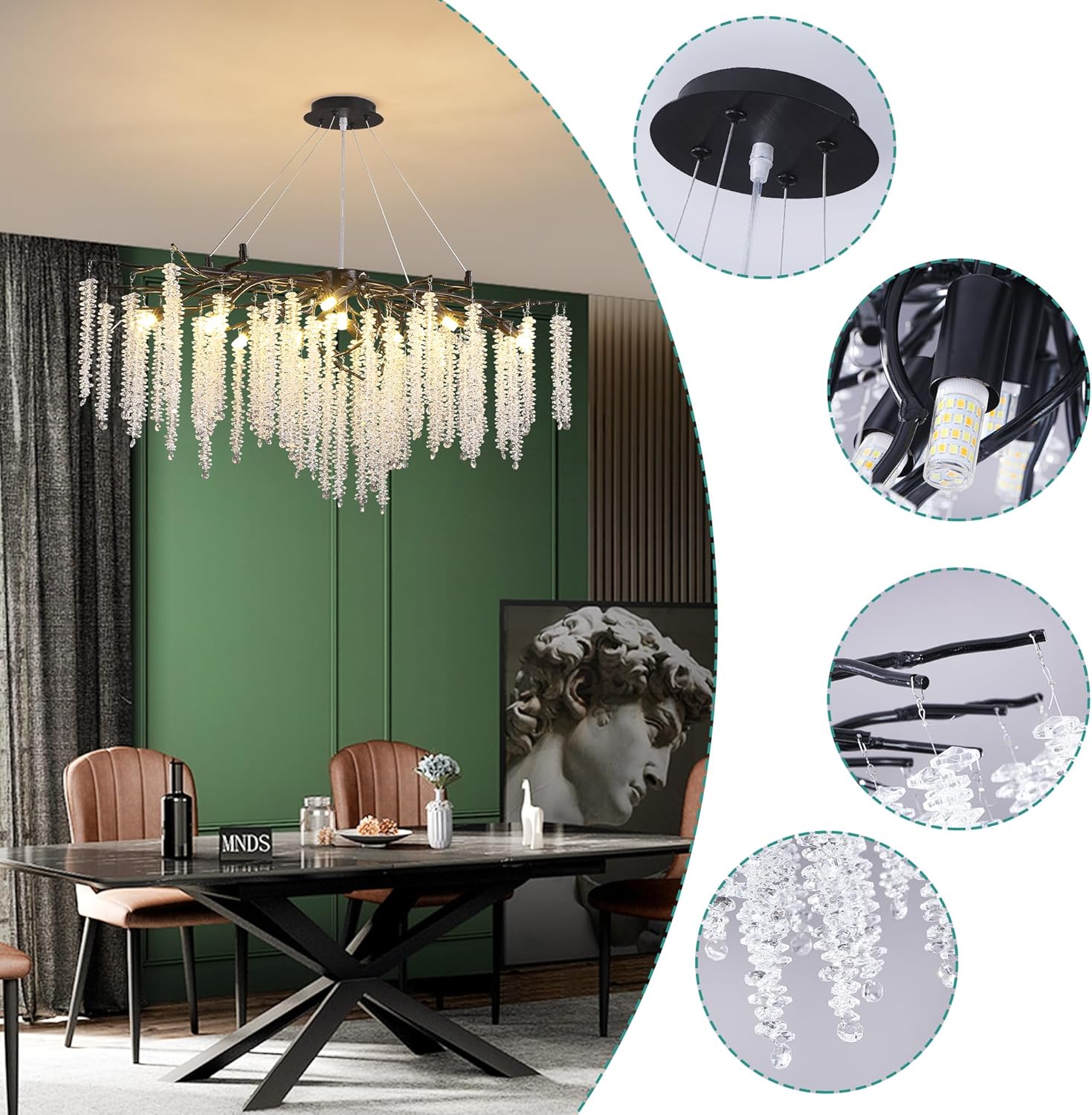 Candelabro moderno de ramas de árbol de cristal, color negro, de 42 pulgadas, estilo Art Deco, grande, rectangular, lineal, con gotas de lluvia para