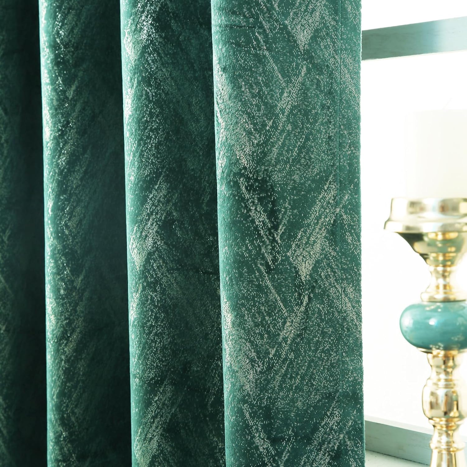 Tootop Cortinas de terciopelo verde champán con estampado geométrico brillante, patrón geométrico de lujo, sala de estar, dormitorio, gruesas, súper