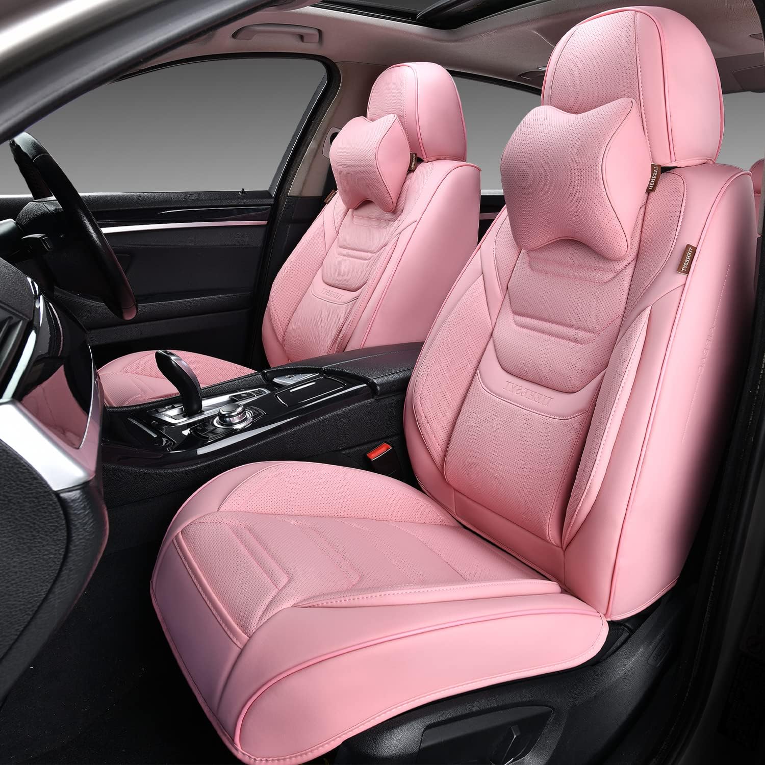 Fundas de asiento delantero de coche color rosa con reposacabezas, cuero transpirable, 1 par de ajuste universal para sedanes, SUV, camiones