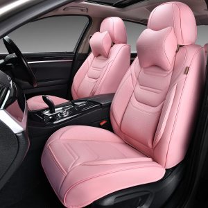 Fundas de asiento delantero de coche color rosa con reposacabezas, cuero transpirable, 1 par de ajuste universal para sedanes, SUV, camiones Fundas de asiento delantero de coche color rosa con reposacabezas, cuero transpirable, 1 par de ajuste universal para sedanes, SUV, camiones