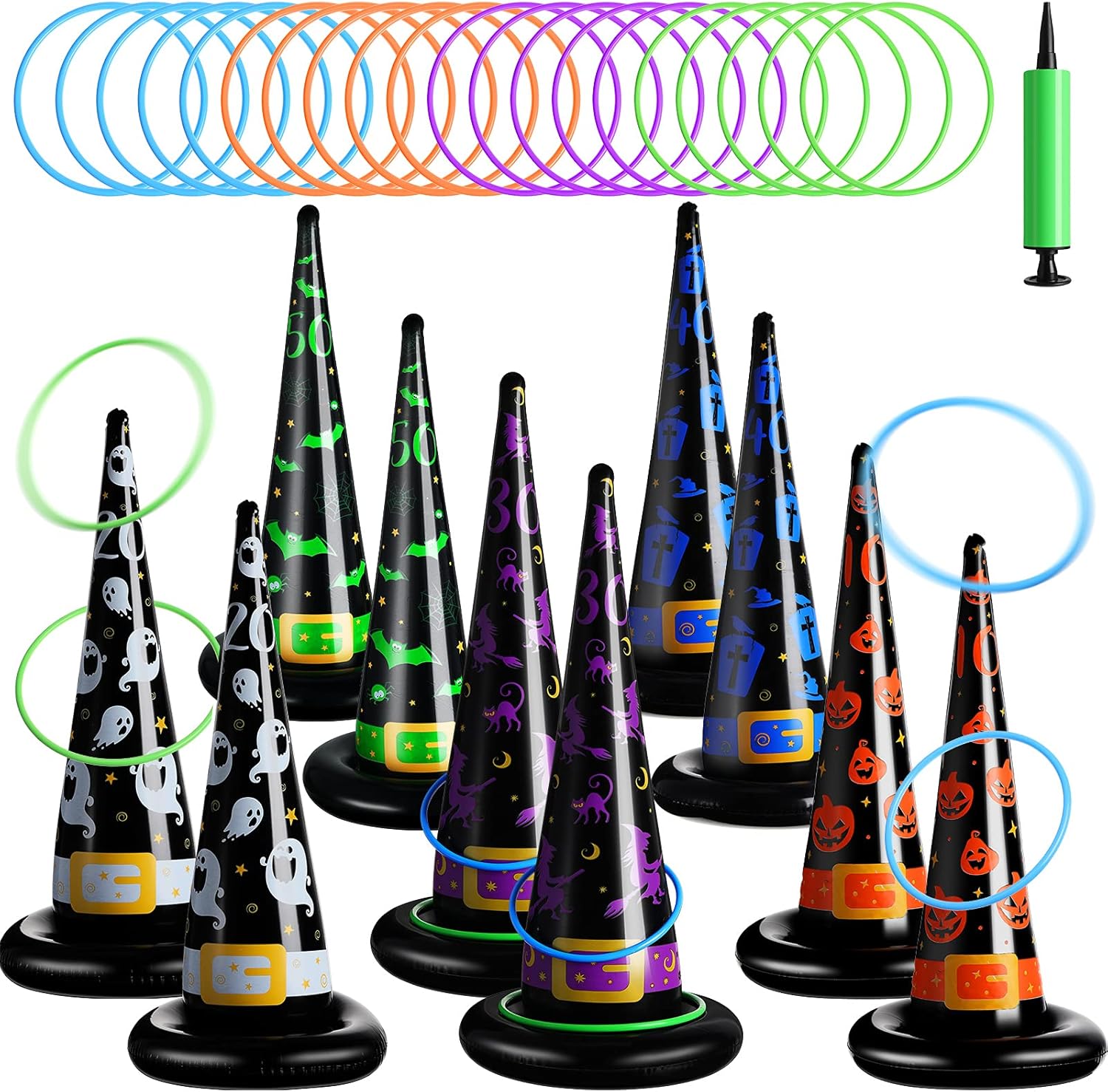 31 piezas de juegos de fiesta de Halloween, juego de lanzamiento de anillos de Halloween, sombrero de bruja inflable, incluye 10 sombreros de bruja