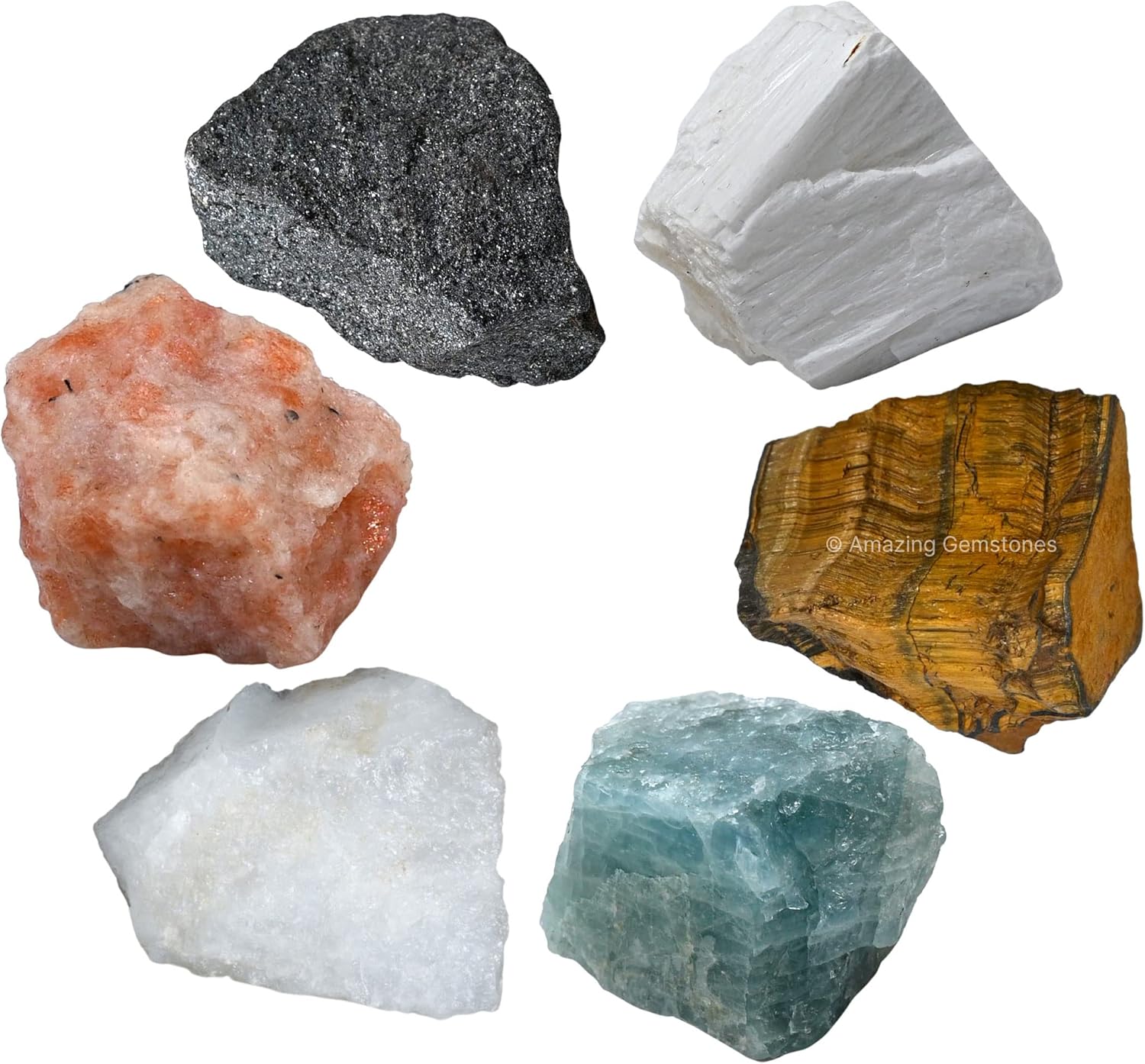 Cristales para niños, juego de 6 cristales curativos de ojo de tigre, aguamarina, cuarzo de nieve, hematita, escolecita y piedra solar