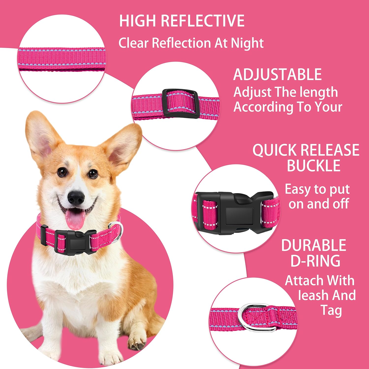 Maiiu Collar reflectante para perro con hebilla de bloqueo de seguridad, collares de nailon suaves y transpirables ajustables para perros pequeños,