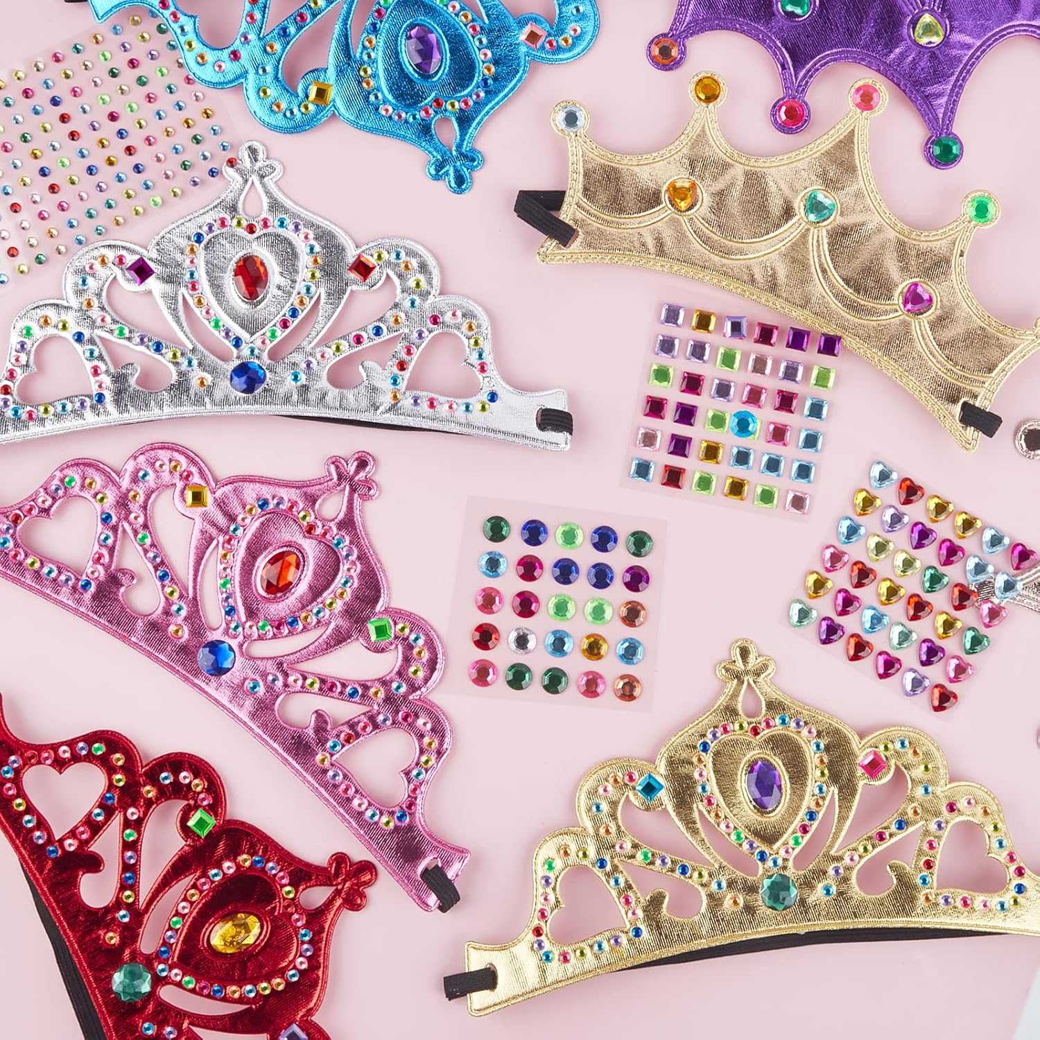 FLMRIOY Juego de 17 coronas de fiesta de princesa, suministros de fiesta para niños, kit de fabricación de tiaras con calcomanías de diamante para