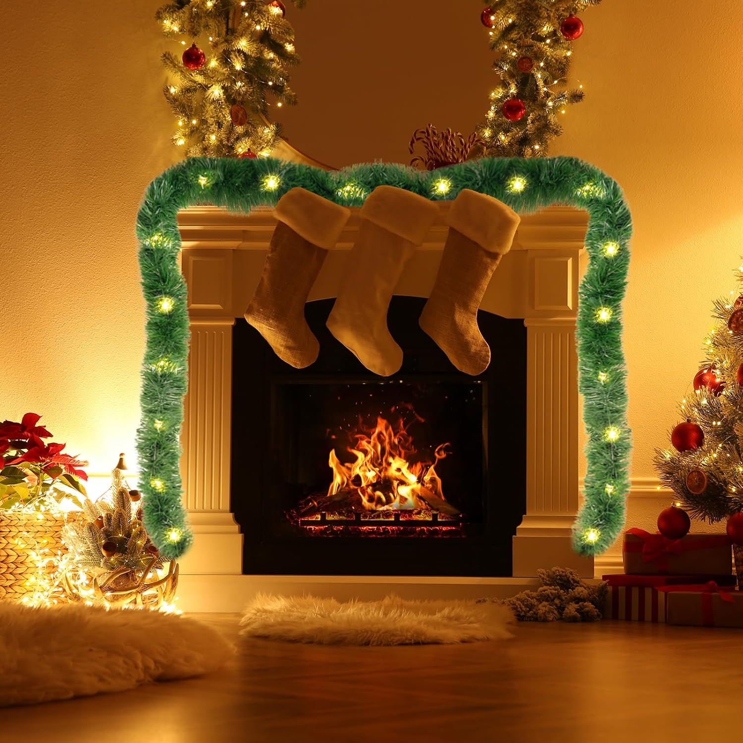 Guirnalda de Navidad de 18 pies, 60 luces LED preiluminadas, guirnalda de Navidad artificial, decoración de Navidad iluminada para interiores,