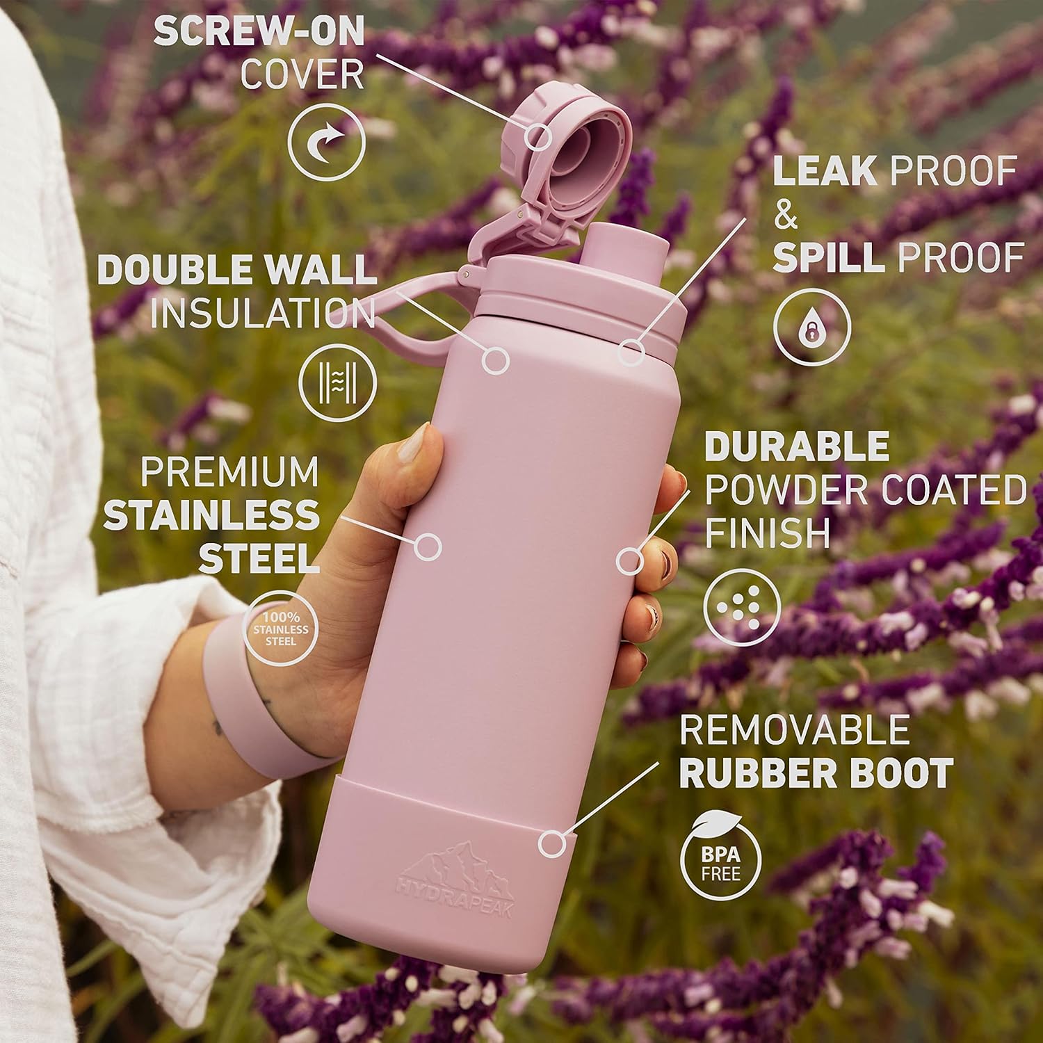 Hydrapeak Botella de agua deportiva de 32 onzas con aislamiento y tapa para beber, botellas de agua de acero inoxidable de alta calidad, a prueba de