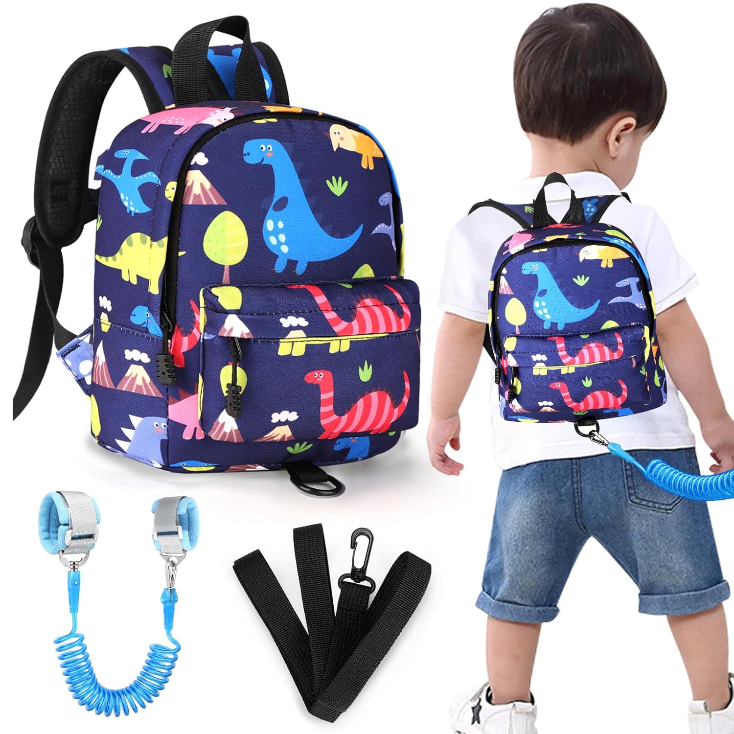 Accmor Arnés de mochila para niños pequeños, lindas mochilas de dinosaurio para bebé con eslabón de muñeca antipérdida, adorable correa de arnés