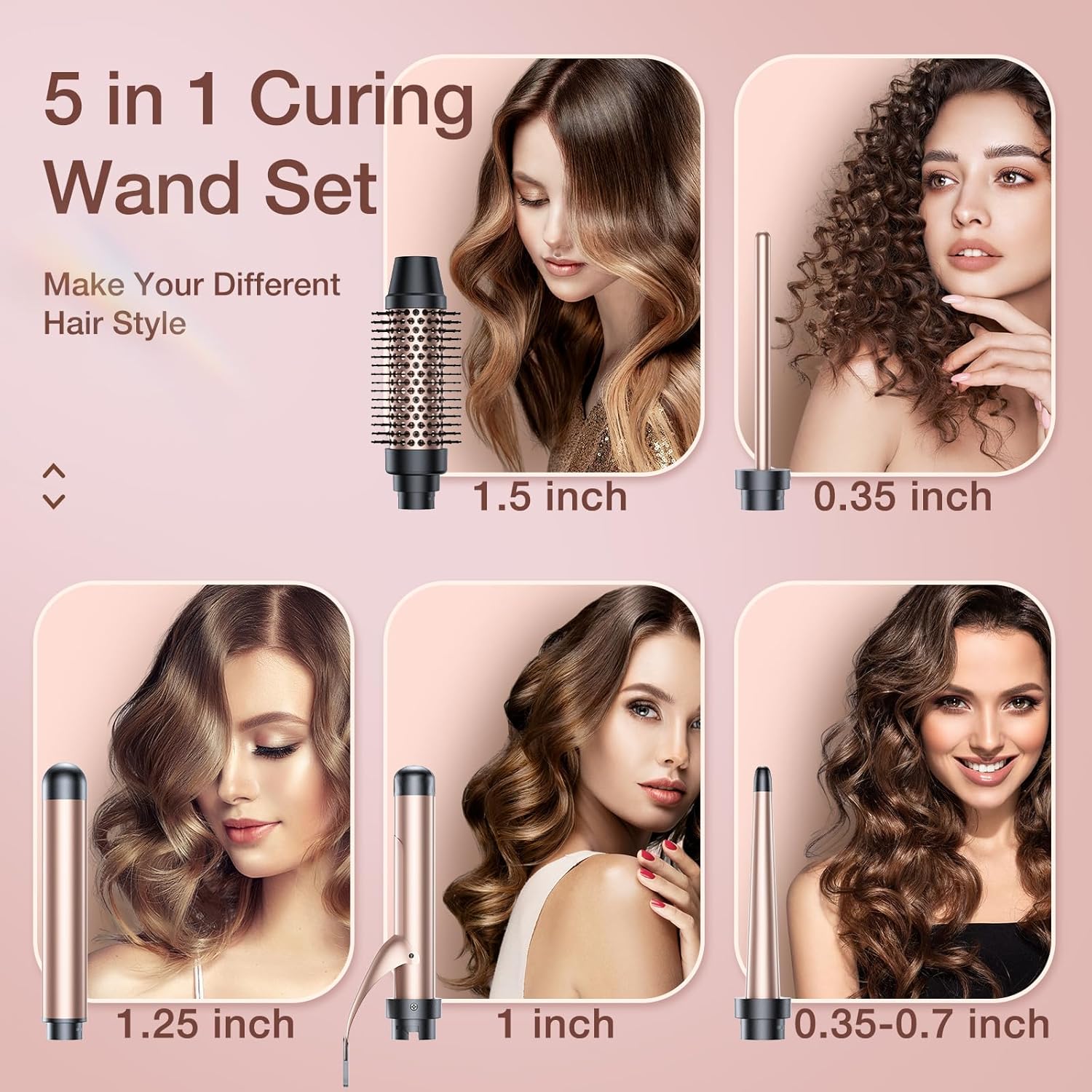 Juego de rizador 5 en 1, juego de varita rizadora de pelo de calor instantáneo con cepillo rizador, 4 varitas de cerámica intercambiables (0.35-1.25