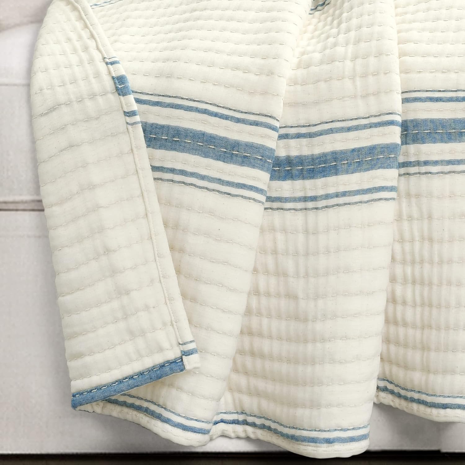 Lush Decor Farmhouse Stripe Kantha Pick Stich – Manta tejida de algodón teñido, reversible, 50 x 60 pulgadas, color azul