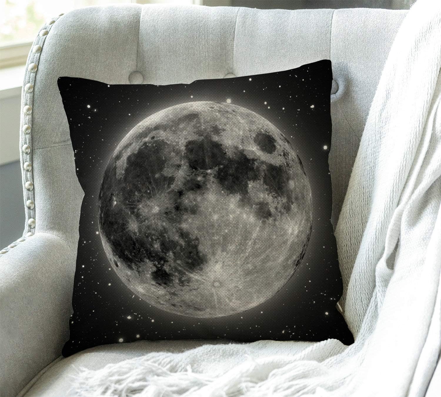Swono Funda de almohada decorativa de lino y algodón con luna llena con estrellas, funda de cojín gris dorada de 18 x 18 pulgadas