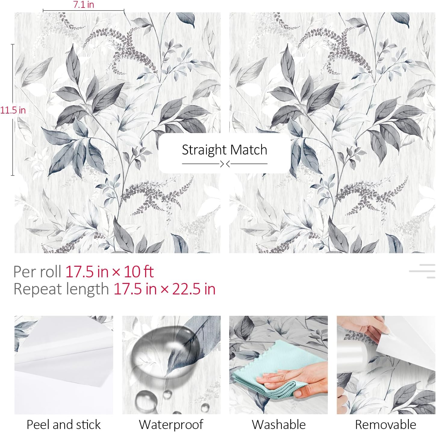 Papel tapiz de hojas grises y blancas, papel tapiz de hojas botánicas para despegar y pegar, impermeable, decoración de granja para estantes, sala