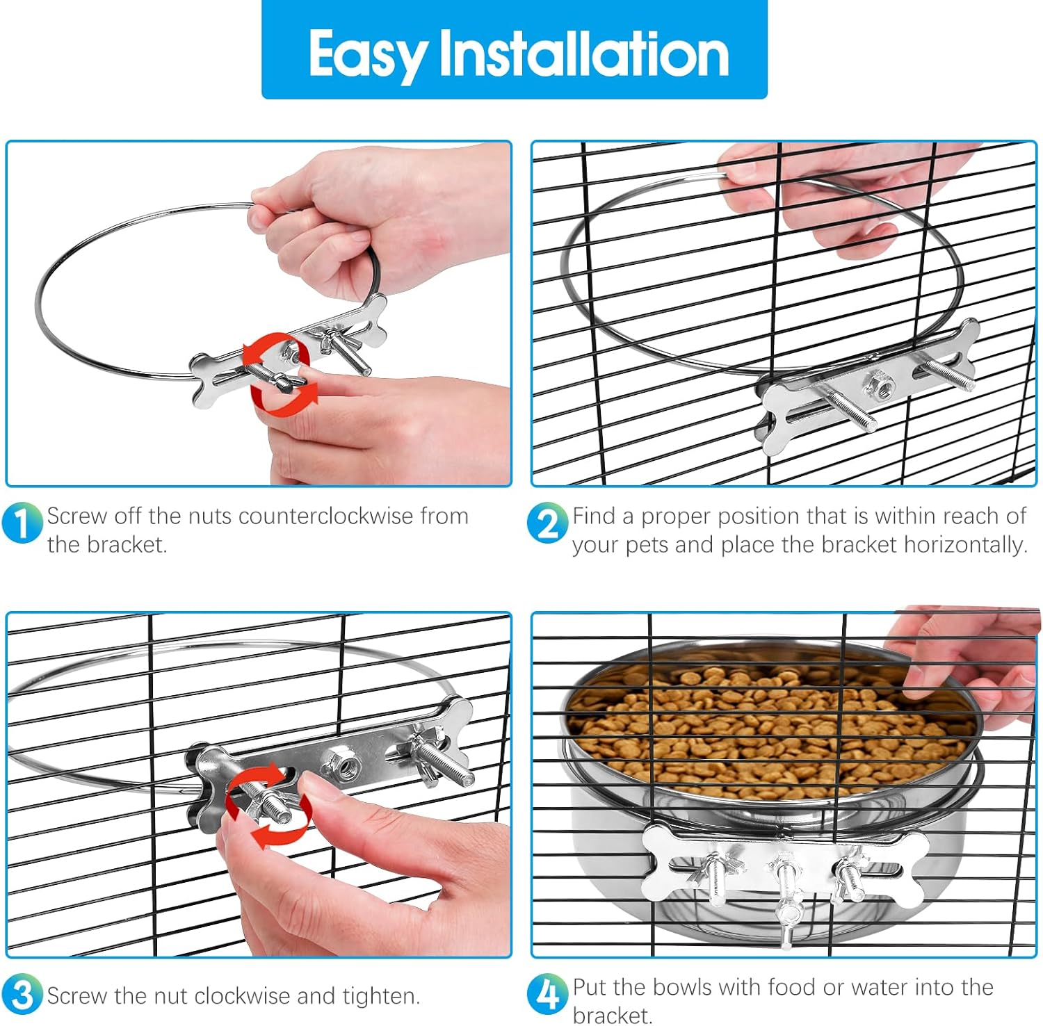 Yummy Sam 2 cuencos pequeños para comida y agua para perros con soporte de abrazadera mejorado, cuencos colgantes de acero inoxidable detectables