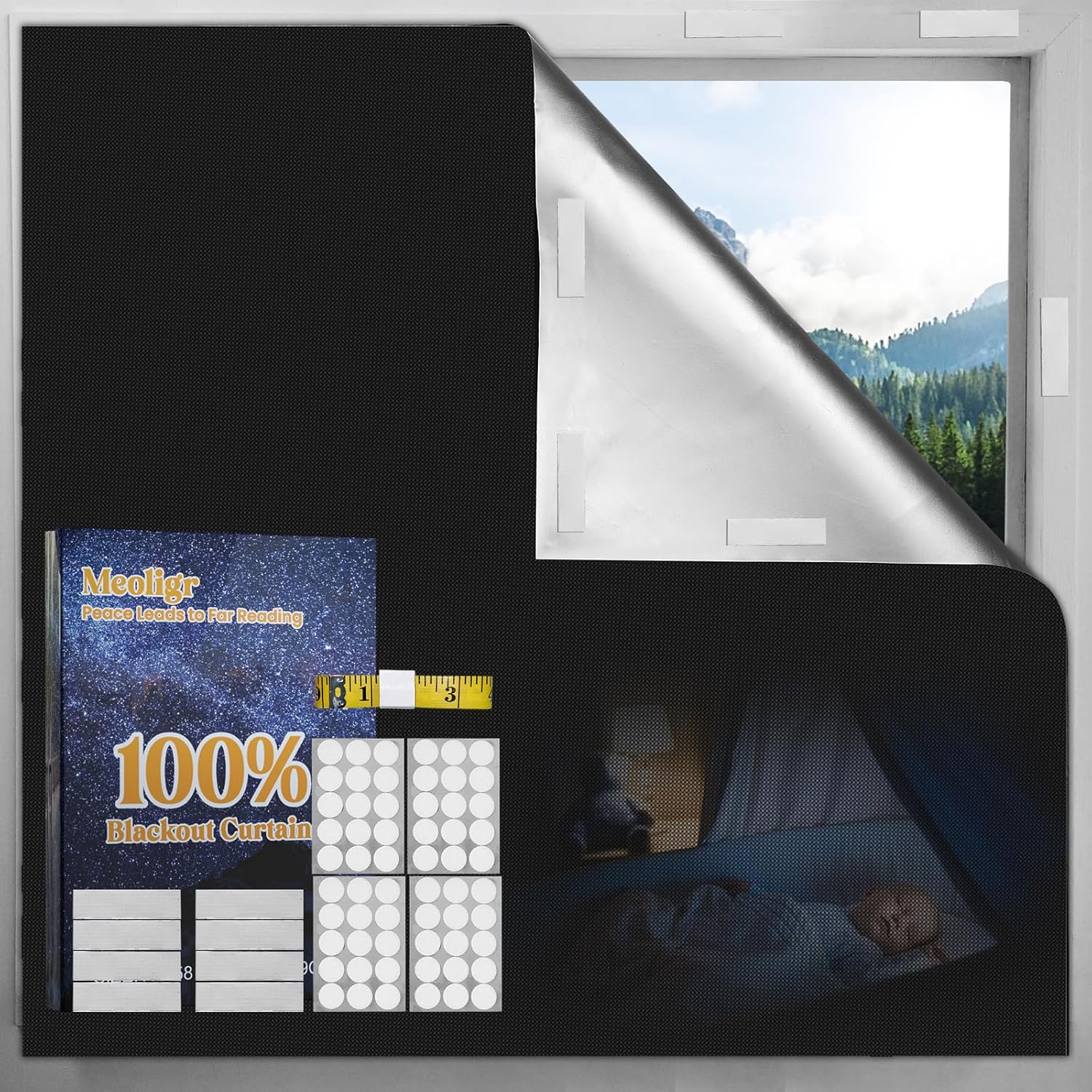 Cortinas opacas para dormitorio (79 x 58 pulgadas), persianas 100% opacas, sin taladro, con cinta de velcro, cortinas opacas para ventanas de