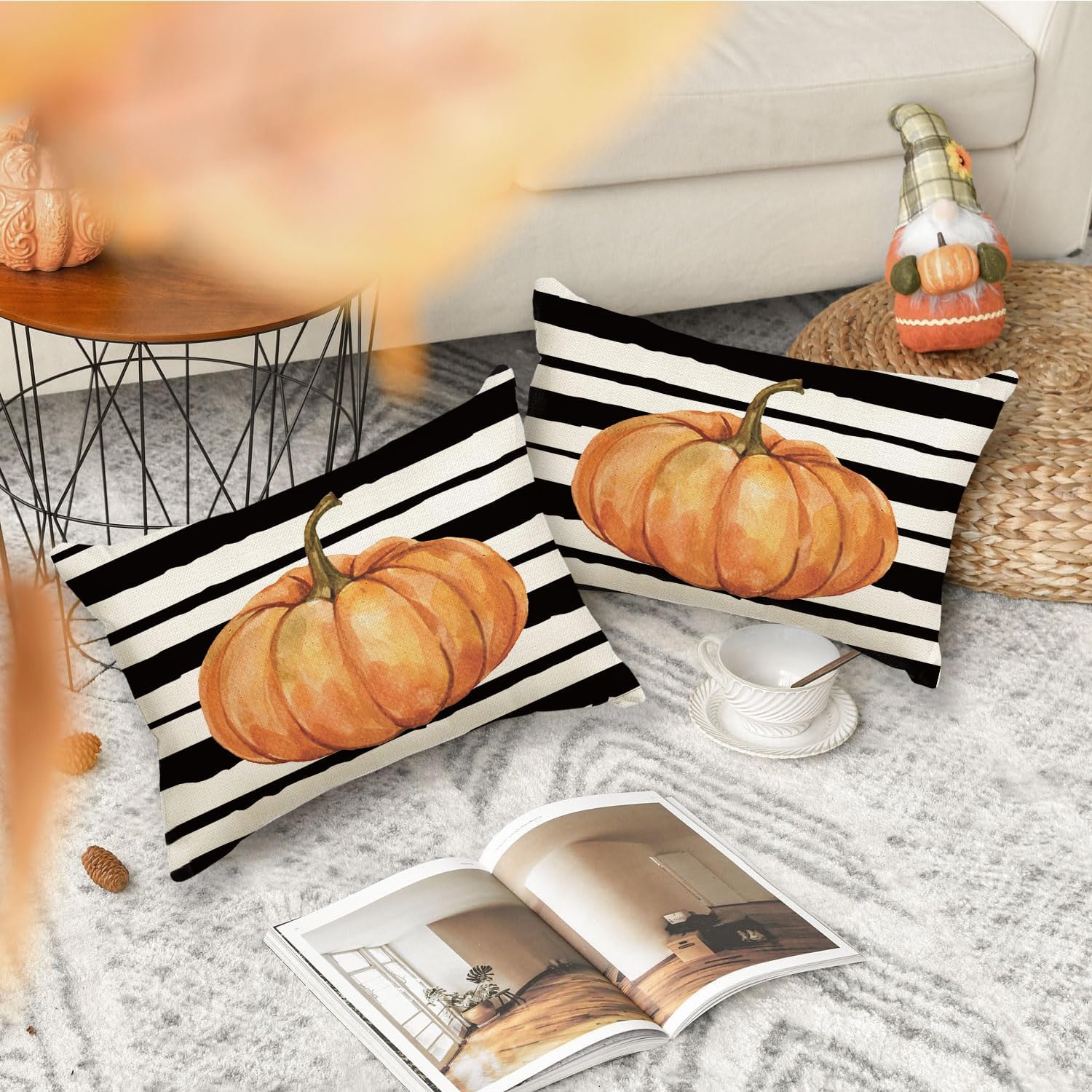 RABUSOFA Fundas de almohada de otoño para exteriores de 12 x 20 pulgadas, almohadas decorativas de otoño, fundas de almohada de calabaza naranja,