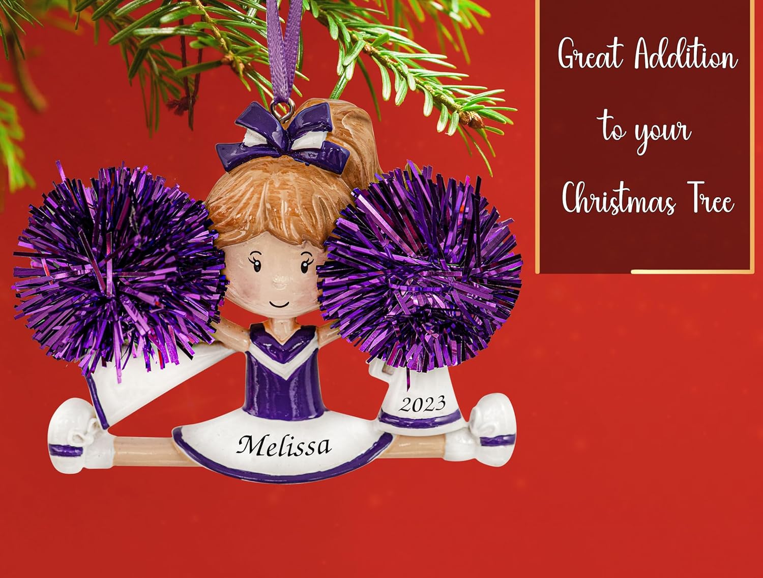 Adorno de Navidad personalizado de animadora 2023  Personalización gratuita  Estatuilla de animadora bailarina con pompón morado real para árbol de