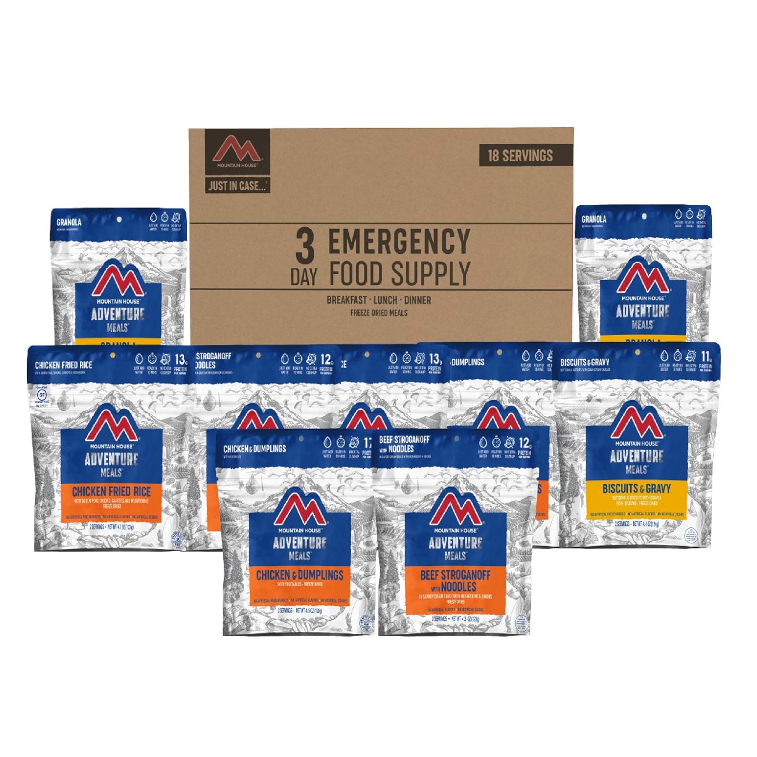 Mountain House Suministro de alimentos de emergencia de 3 días  Alimentos liofilizados de supervivencia y emergencia  Kit de 18 porciones y de fin